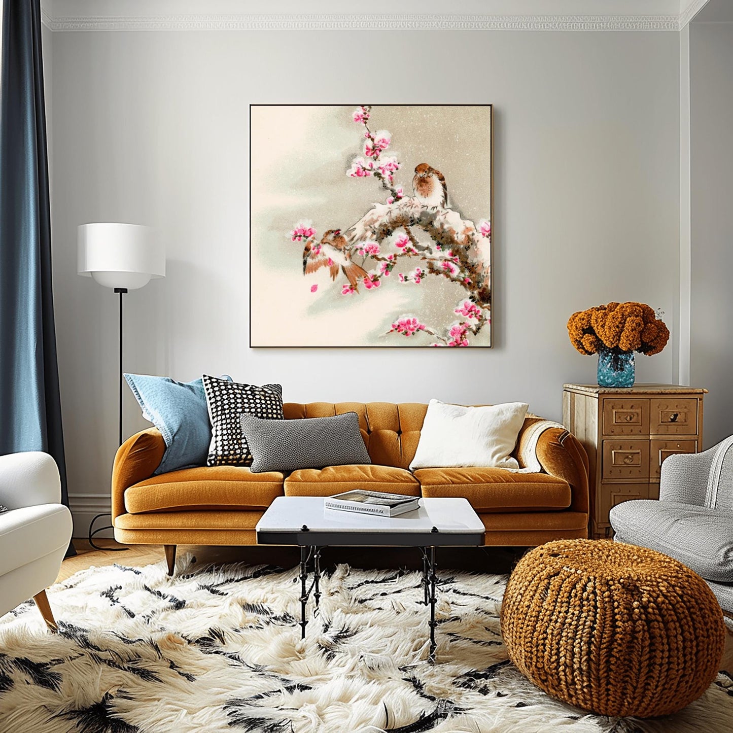 Two Sparrows Plum Blossom Print, Japanese Sumi-e Art, Snowy Winter Wall Art