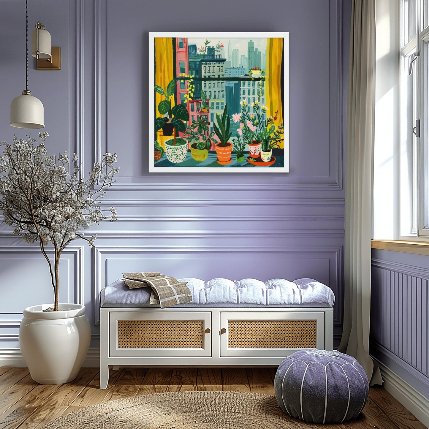 Urban Jungle Cityscape Print, Cozy Apartment Window View, New York with Plants Wall Art