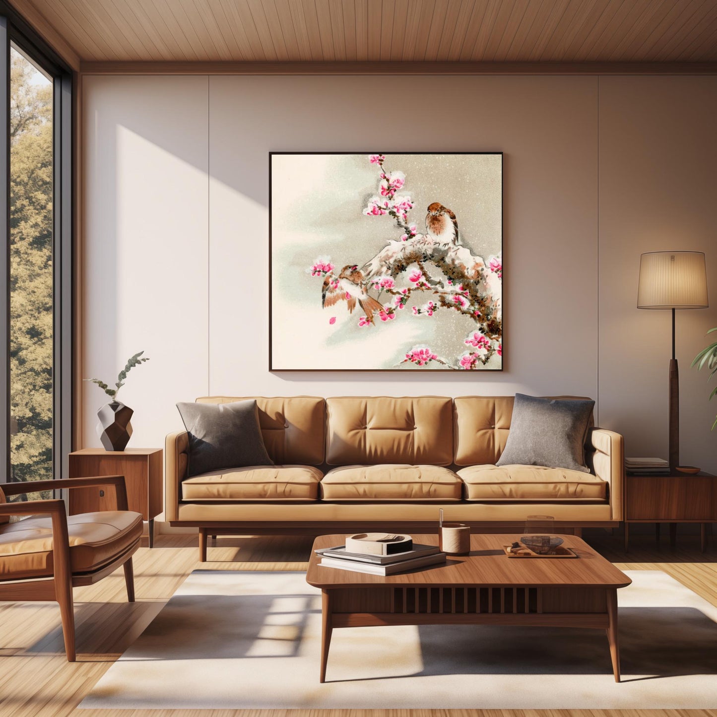 Two Sparrows Plum Blossom Print, Japanese Sumi-e Art, Snowy Winter Wall Art