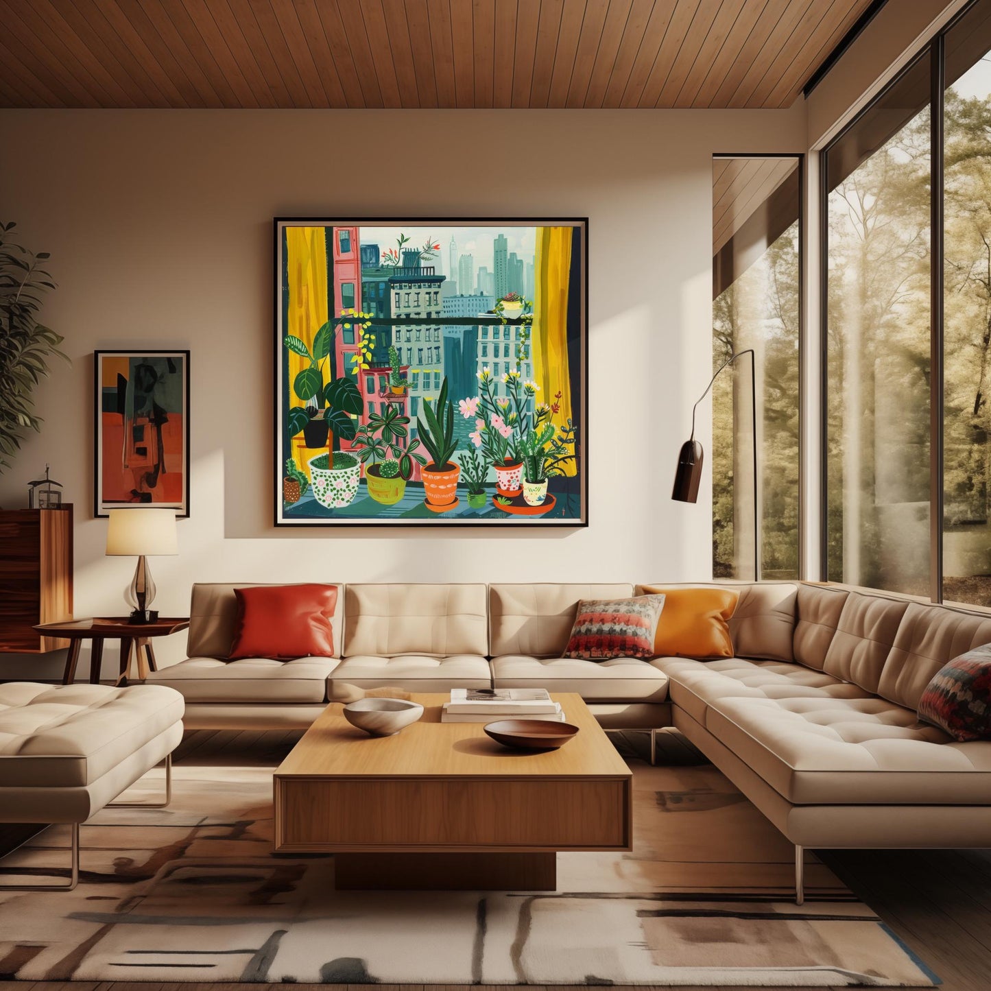 Urban Jungle Cityscape Print, Cozy Apartment Window View, New York with Plants Wall Art