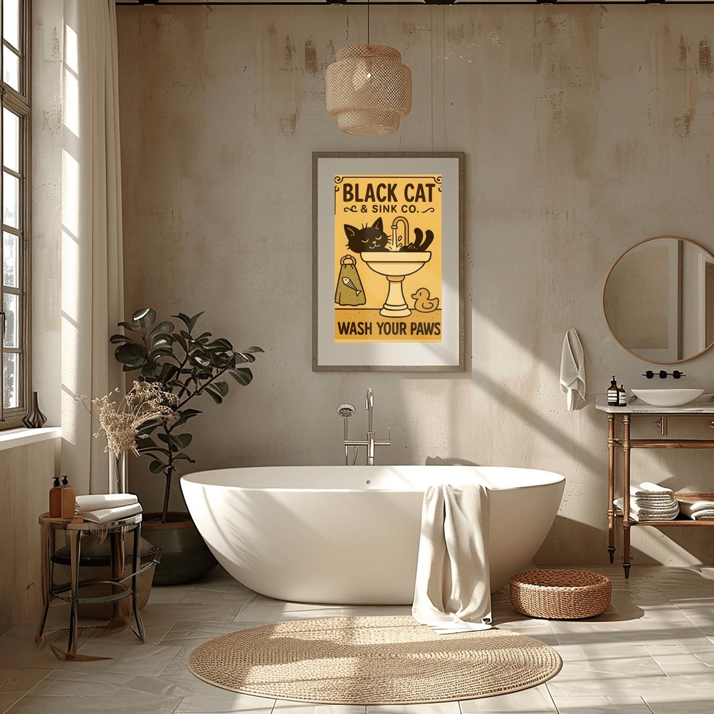 Black Cat Wash Your Paws Poster: Funny Vintage Bathroom Art