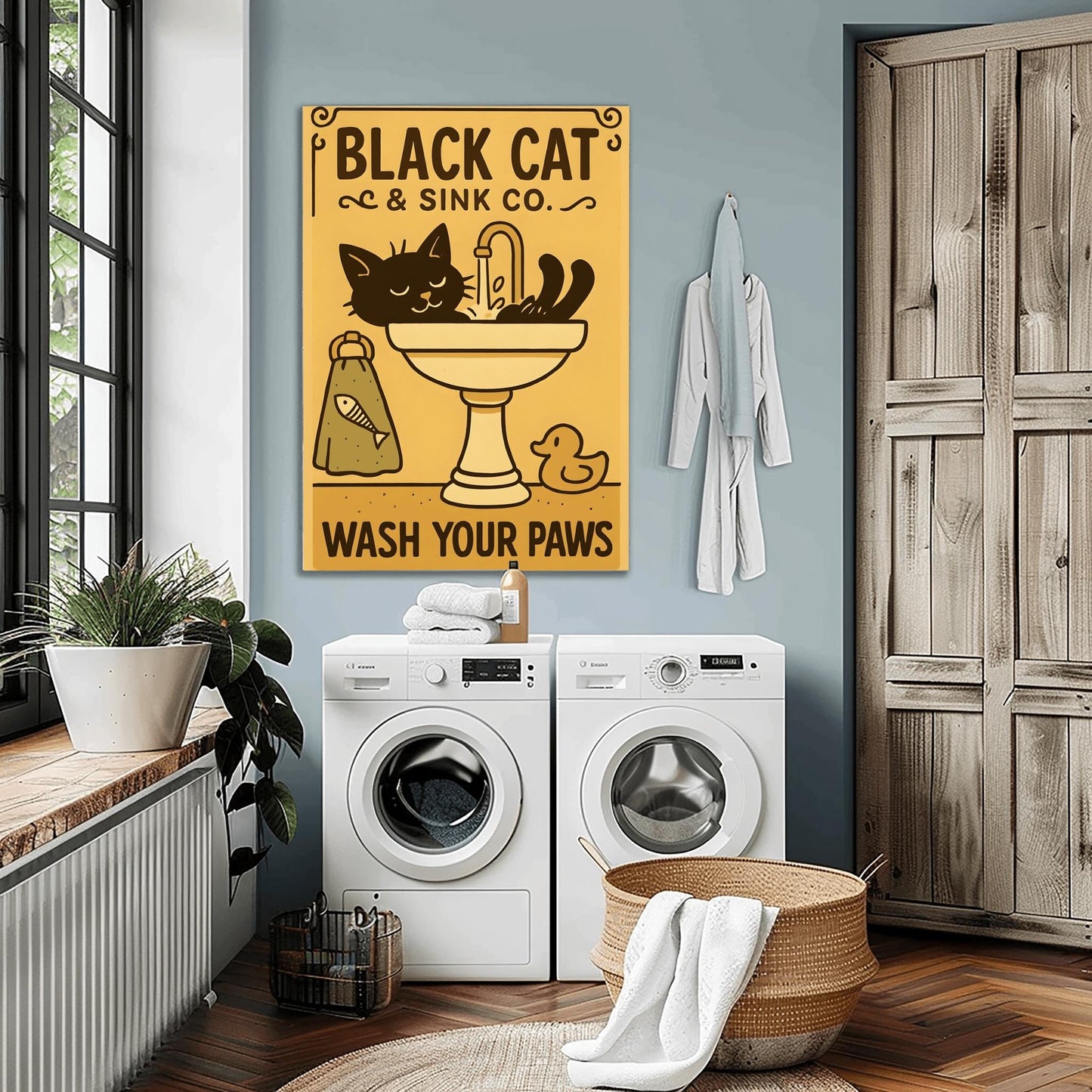 Black Cat Wash Your Paws Poster: Funny Vintage Bathroom Art