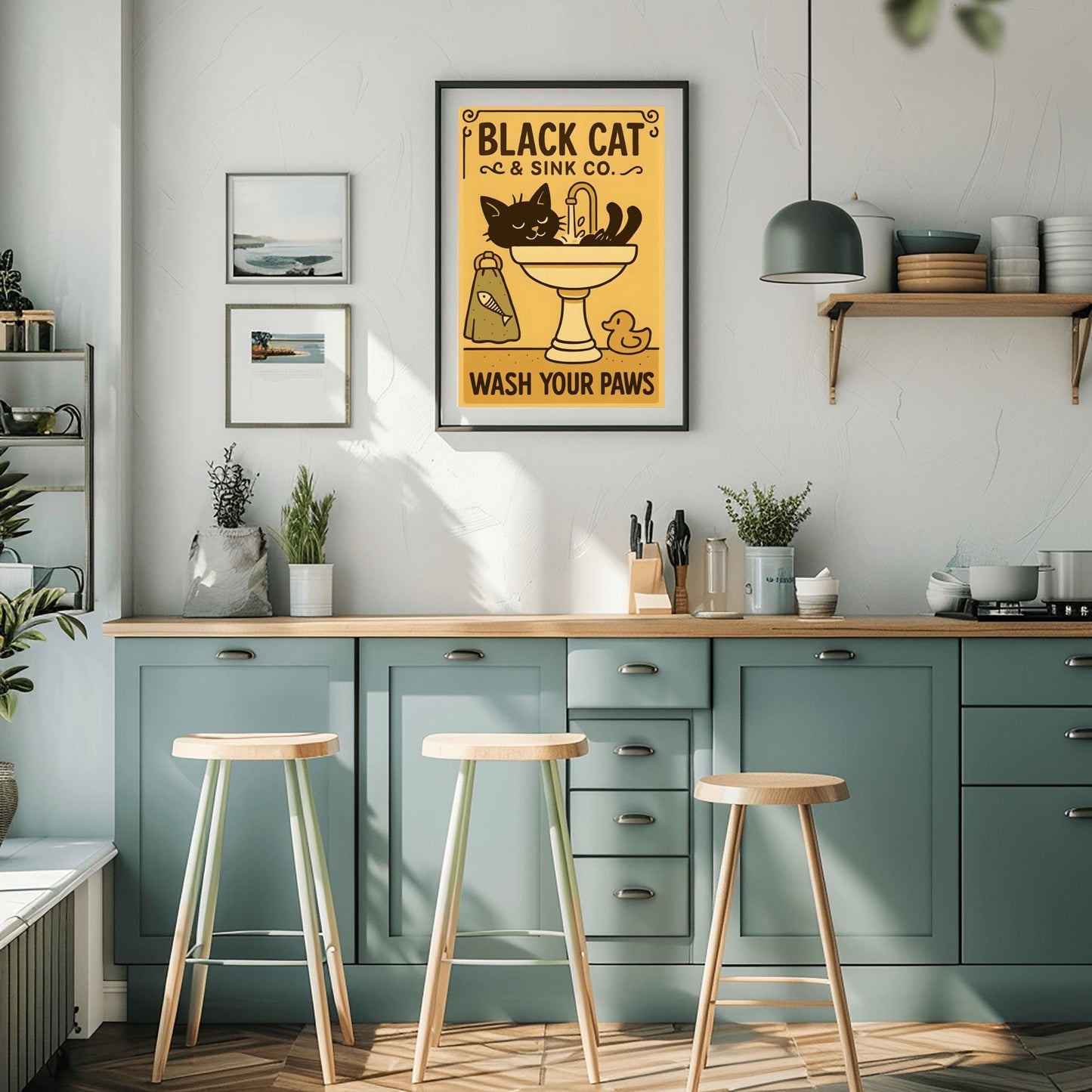 Black Cat Wash Your Paws Poster: Funny Vintage Bathroom Art