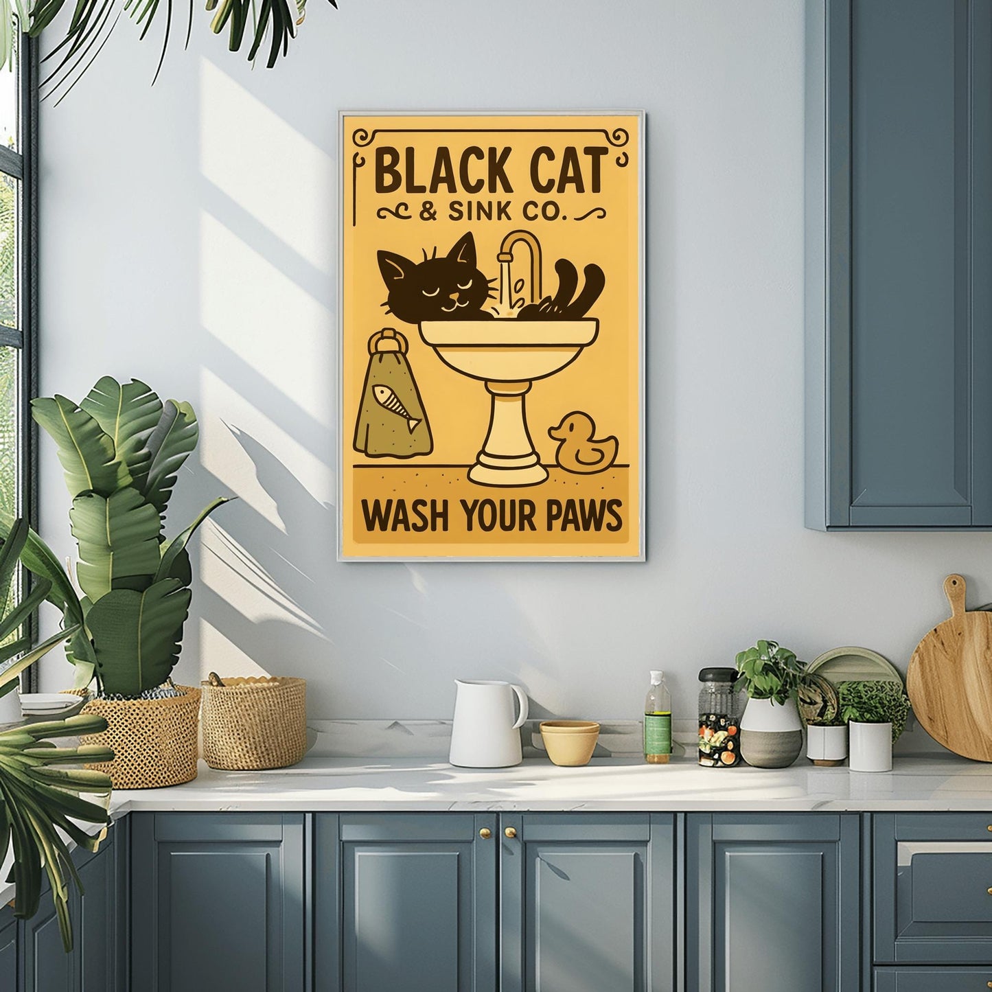 Black Cat Wash Your Paws Poster: Funny Vintage Bathroom Art