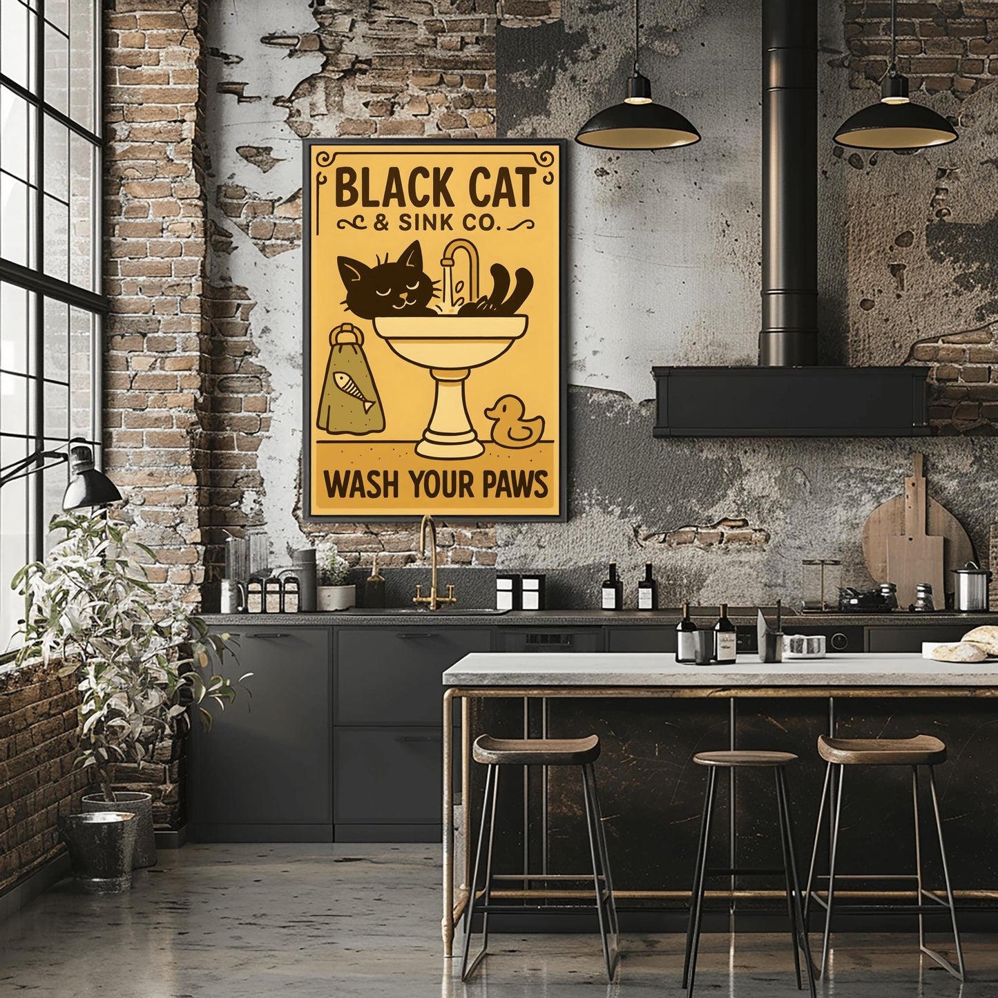 Black Cat Wash Your Paws Poster: Funny Vintage Bathroom Art