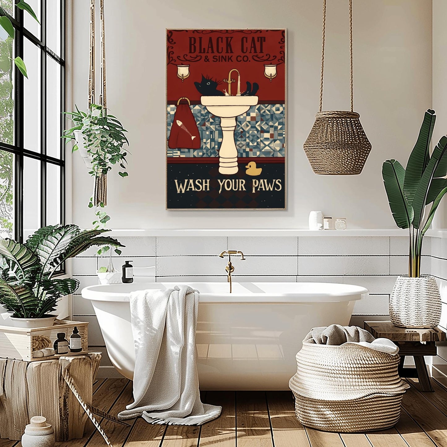Black Cat Wash Your Paws Poster: Funny Vintage Bathroom Art