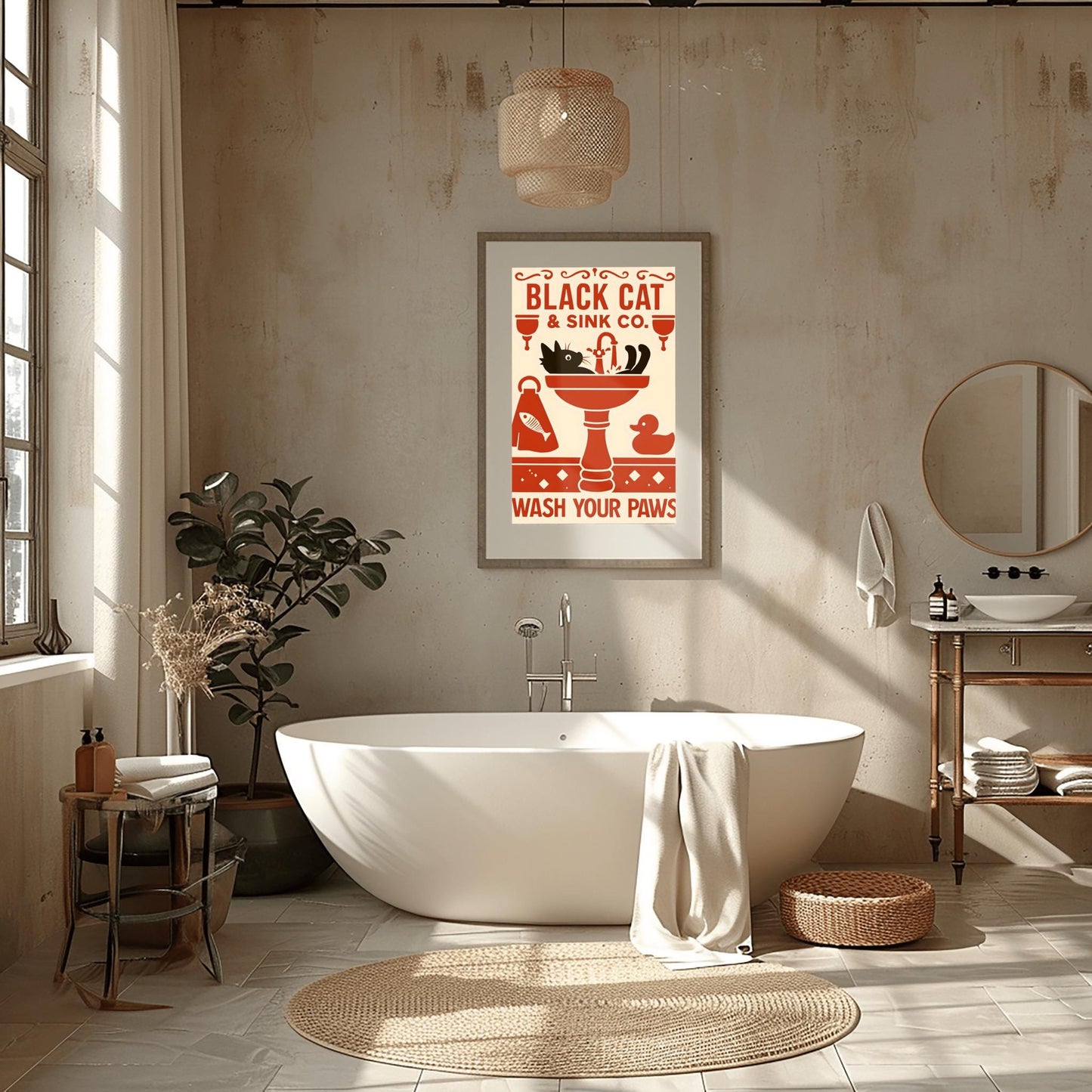 Black Cat Wash Your Paws Poster: Funny Vintage Bathroom Art