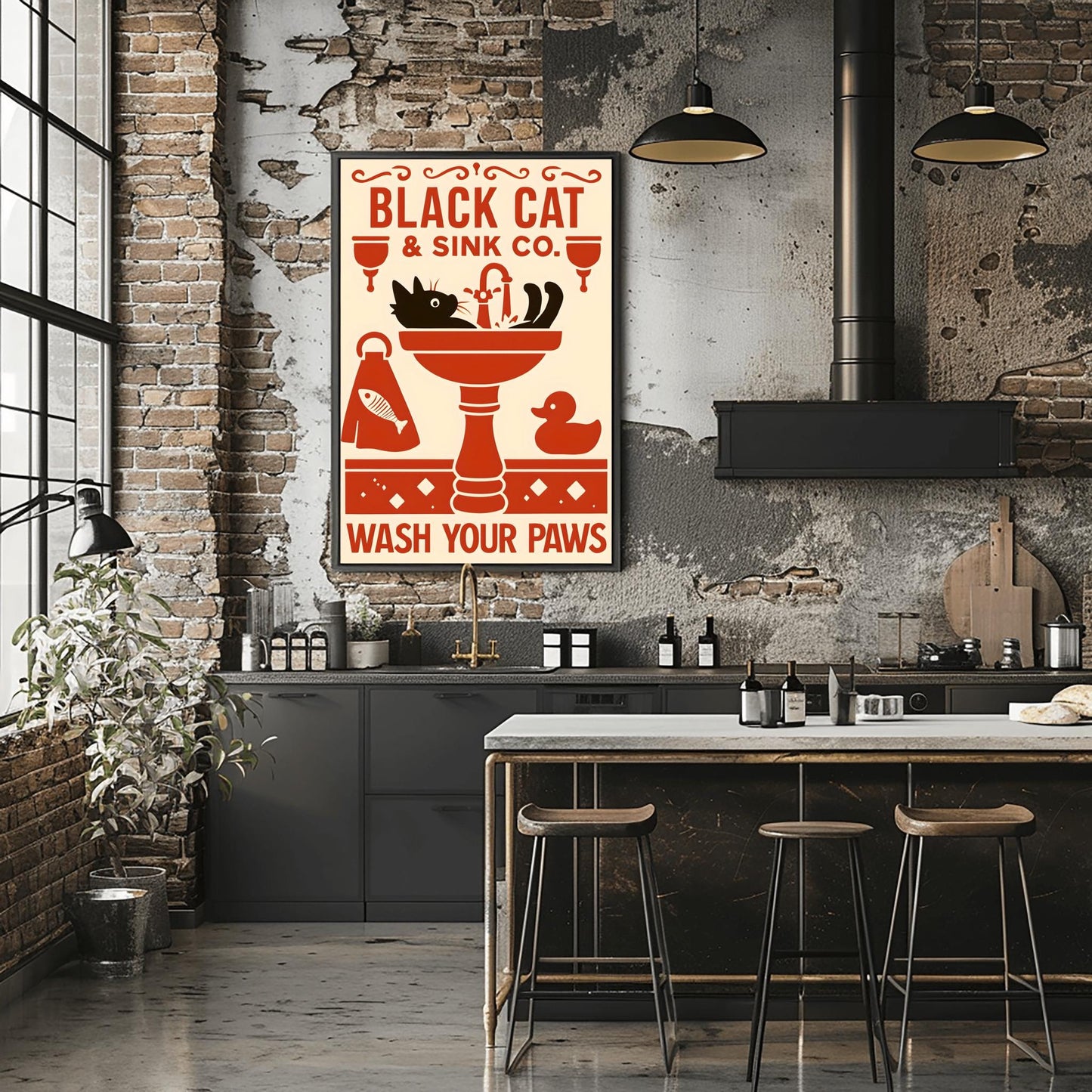 Black Cat Wash Your Paws Poster: Funny Vintage Bathroom Art