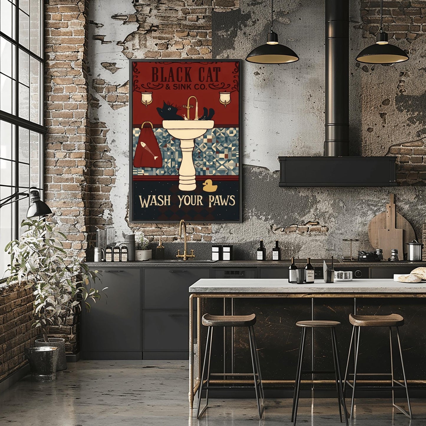 Black Cat Wash Your Paws Poster: Funny Vintage Bathroom Art