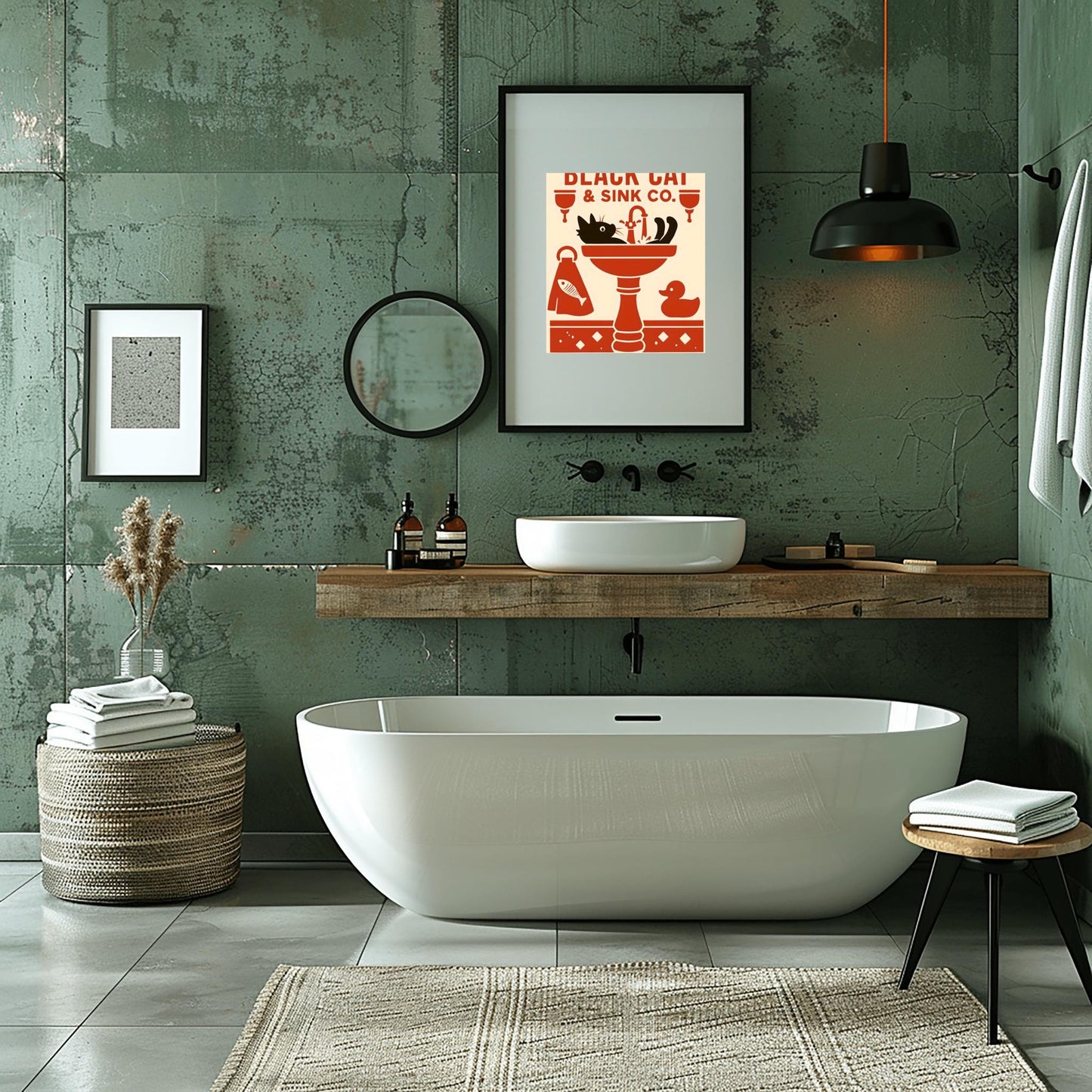 Black Cat Wash Your Paws Poster: Funny Vintage Bathroom Art