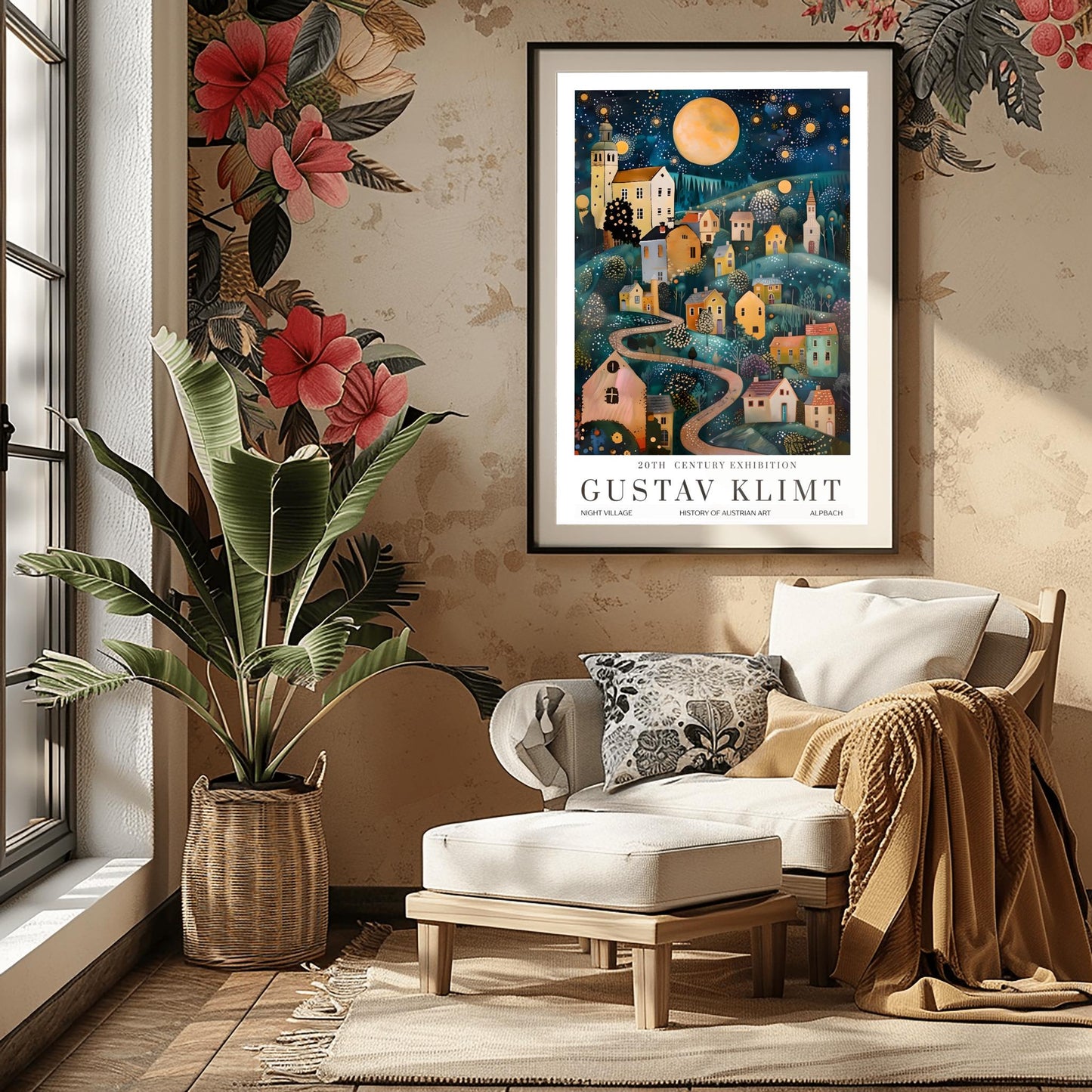 Gustav Klimt Print Austrian Village Night Poster, Moon & Stars Tree Art, Fine Art Wall Decor, Klimt Exhibition Poster, Premium Matte Paper