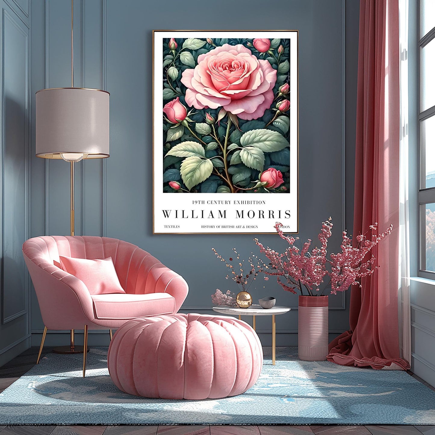 William Morris Exhibition Poster, Pink Rose Print, Arts and Crafts, 19th Century