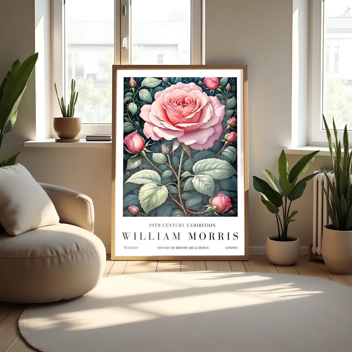 William Morris Exhibition Poster, Pink Rose Print, Arts and Crafts, 19th Century
