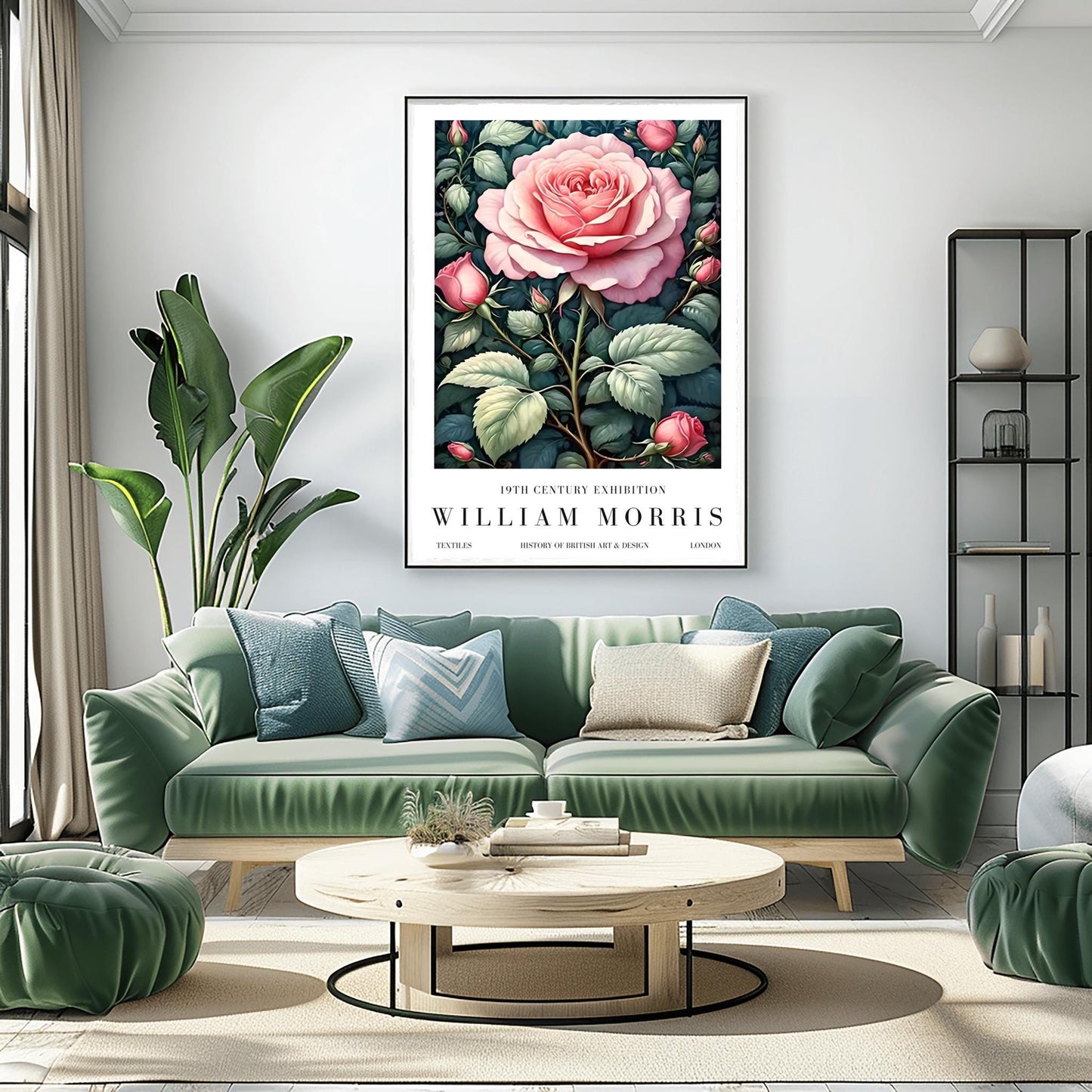 William Morris Exhibition Poster, Pink Rose Print, Arts and Crafts, 19th Century