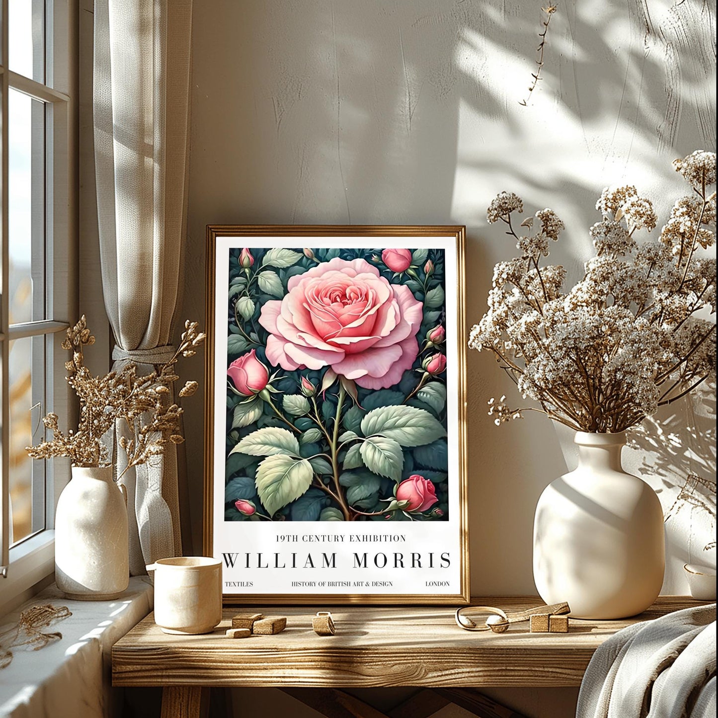 William Morris Exhibition Poster, Pink Rose Print, Arts and Crafts, 19th Century