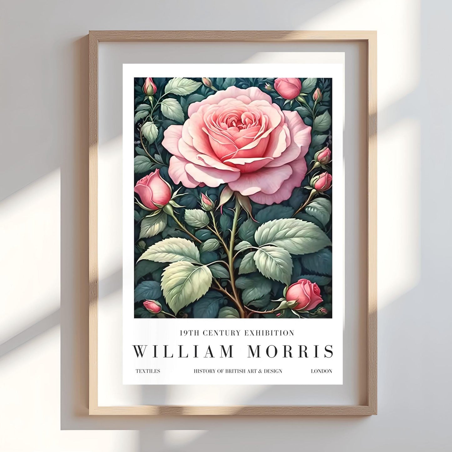 William Morris Exhibition Poster, Pink Rose Print, Arts and Crafts, 19th Century