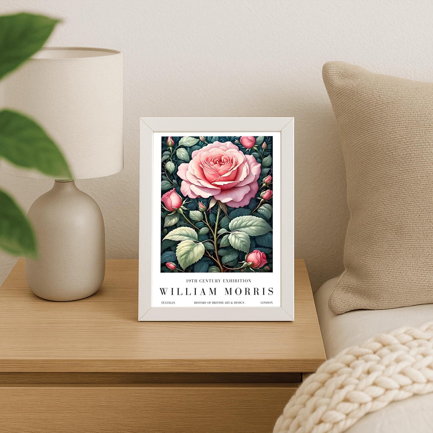 William Morris Exhibition Poster, Pink Rose Print, Arts and Crafts, 19th Century