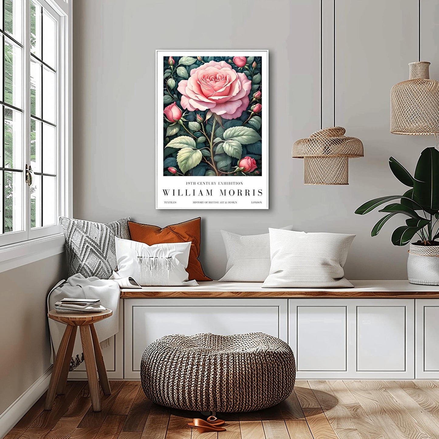 William Morris Exhibition Poster, Pink Rose Print, Arts and Crafts, 19th Century
