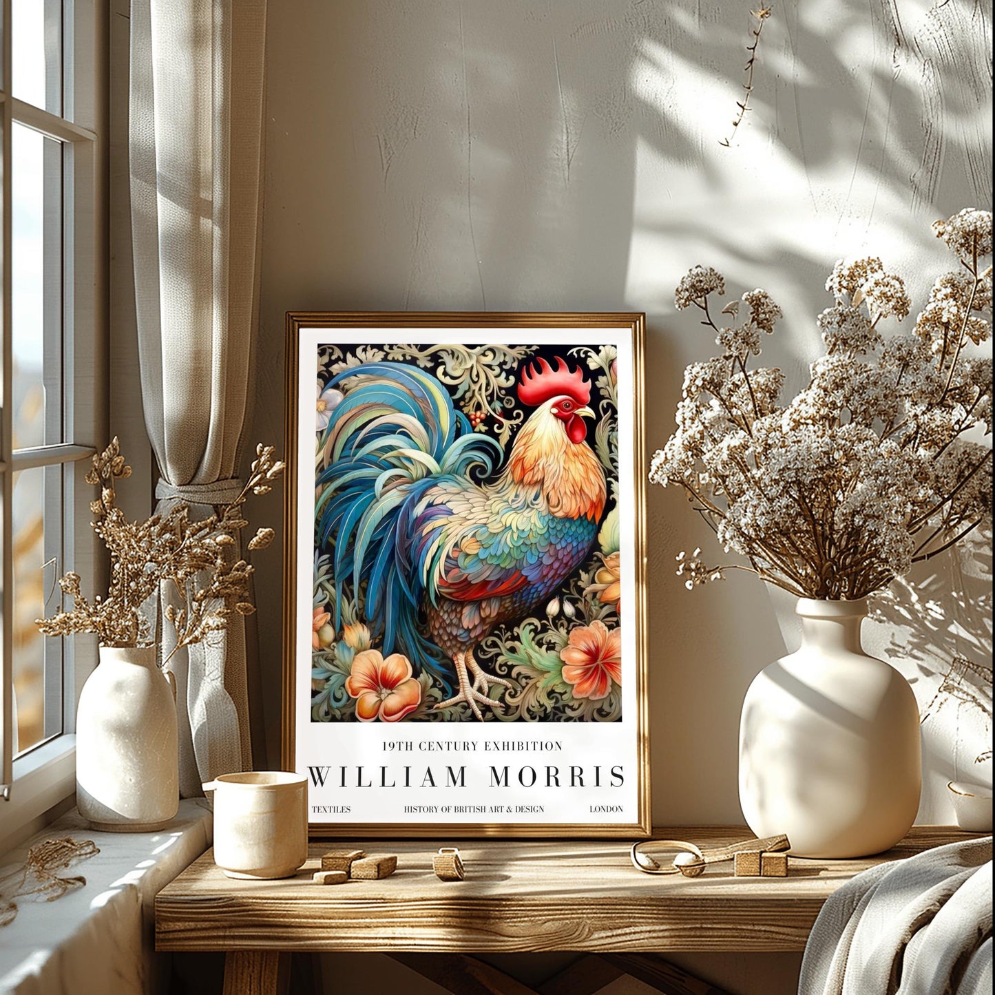 William Morris Exhibition Poster, Rooster Print, Arts and Crafts, 19th Century Art