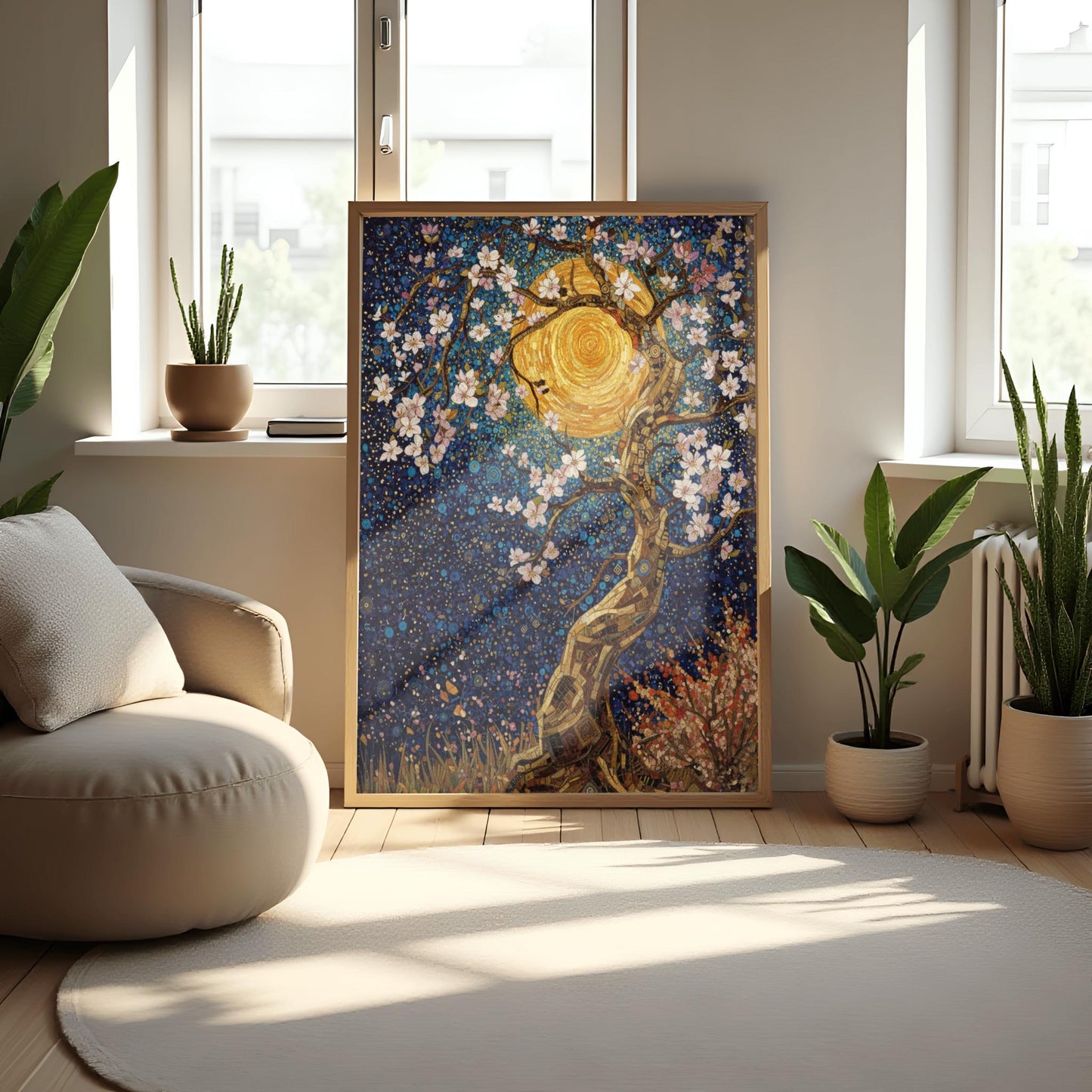 Gustav Klimt Inspired Cherry Blossom Sun Poster Mystical Night Tree