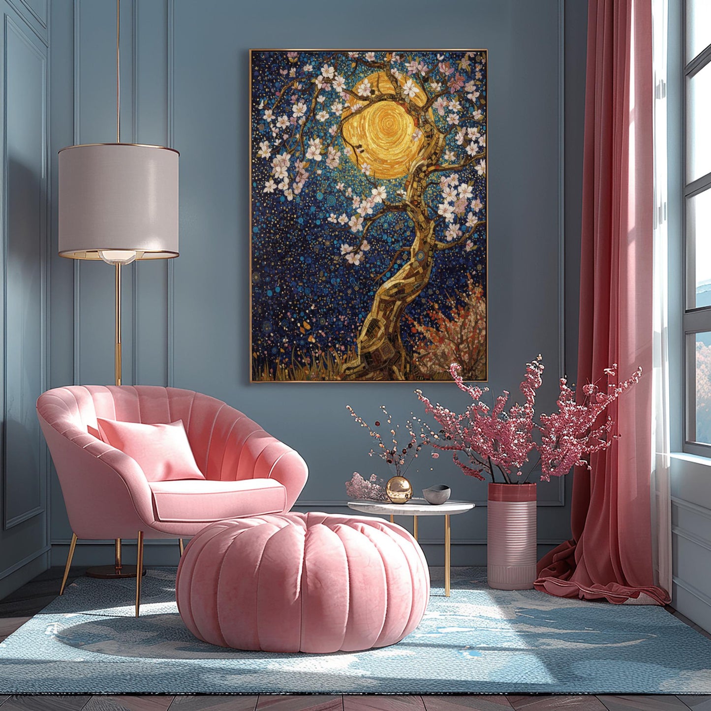 Gustav Klimt Inspired Cherry Blossom Sun Poster Mystical Night Tree