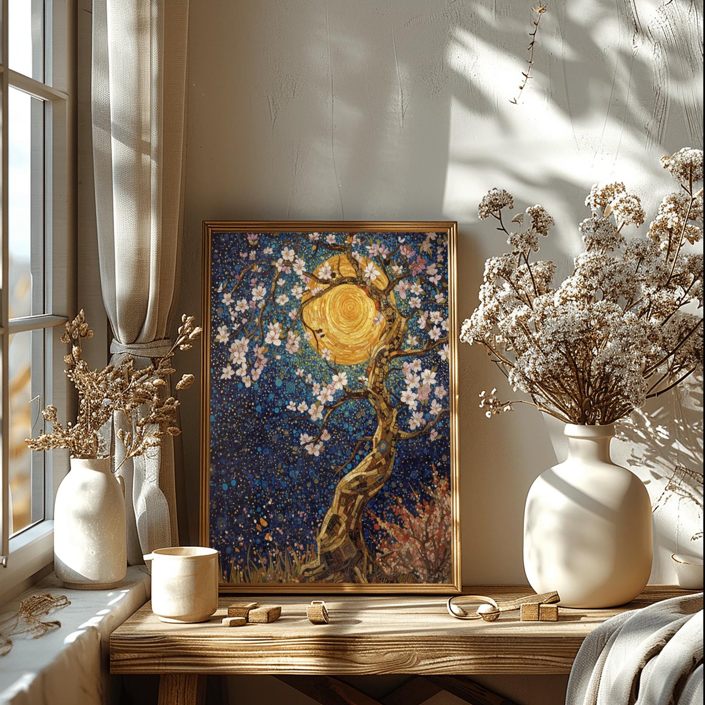 Gustav Klimt Inspired Cherry Blossom Sun Poster Mystical Night Tree