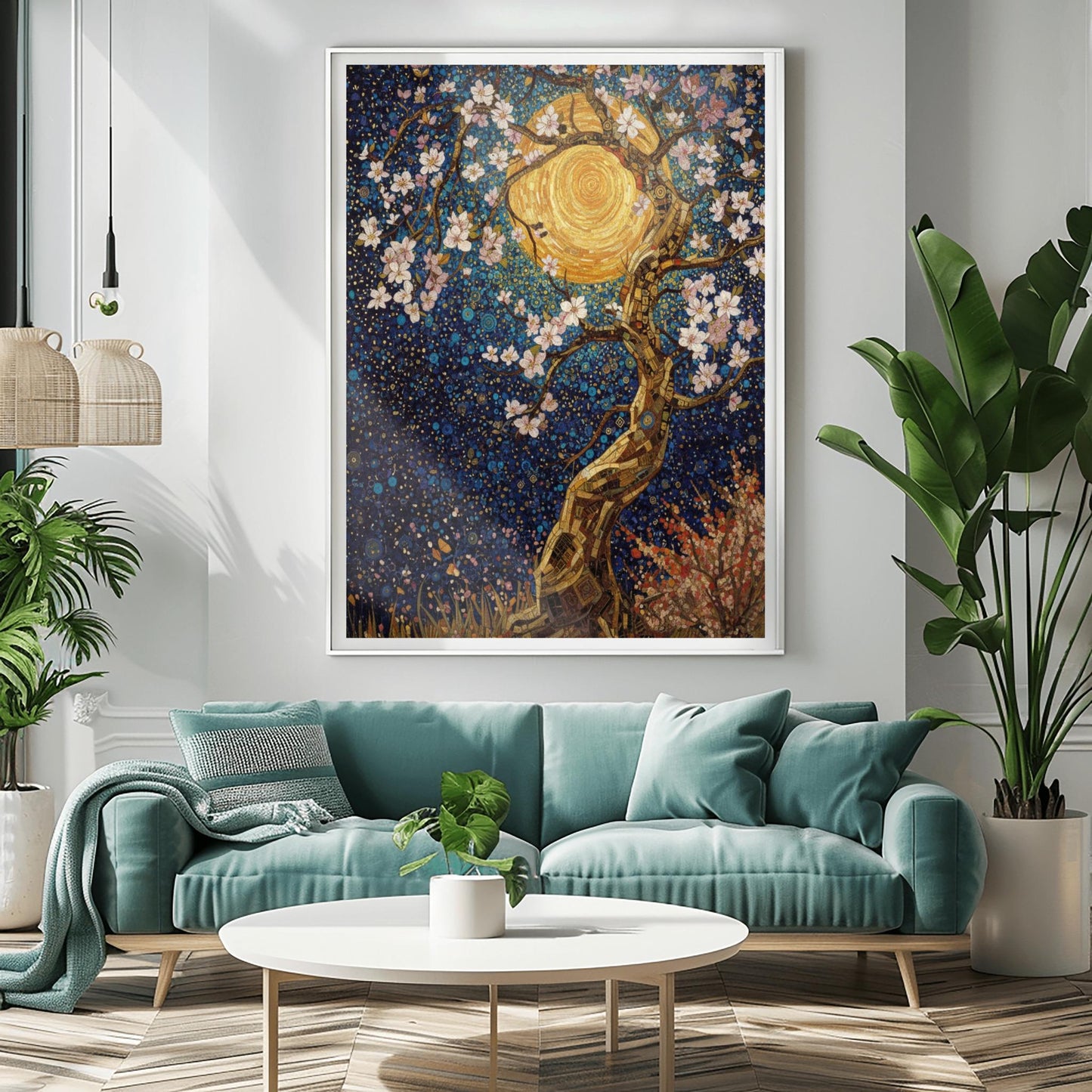 Gustav Klimt Inspired Cherry Blossom Sun Poster Mystical Night Tree