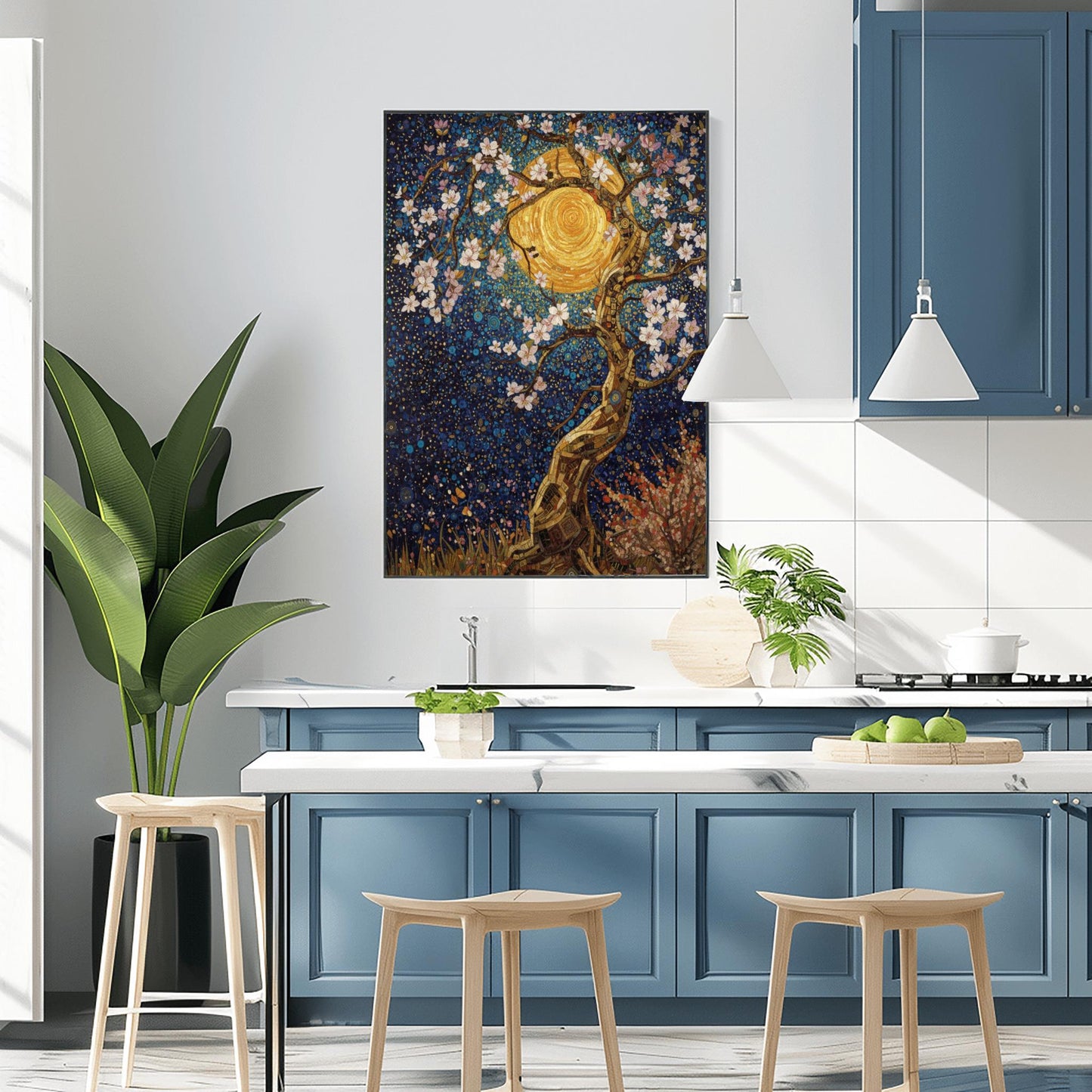Gustav Klimt Inspired Cherry Blossom Sun Poster Mystical Night Tree