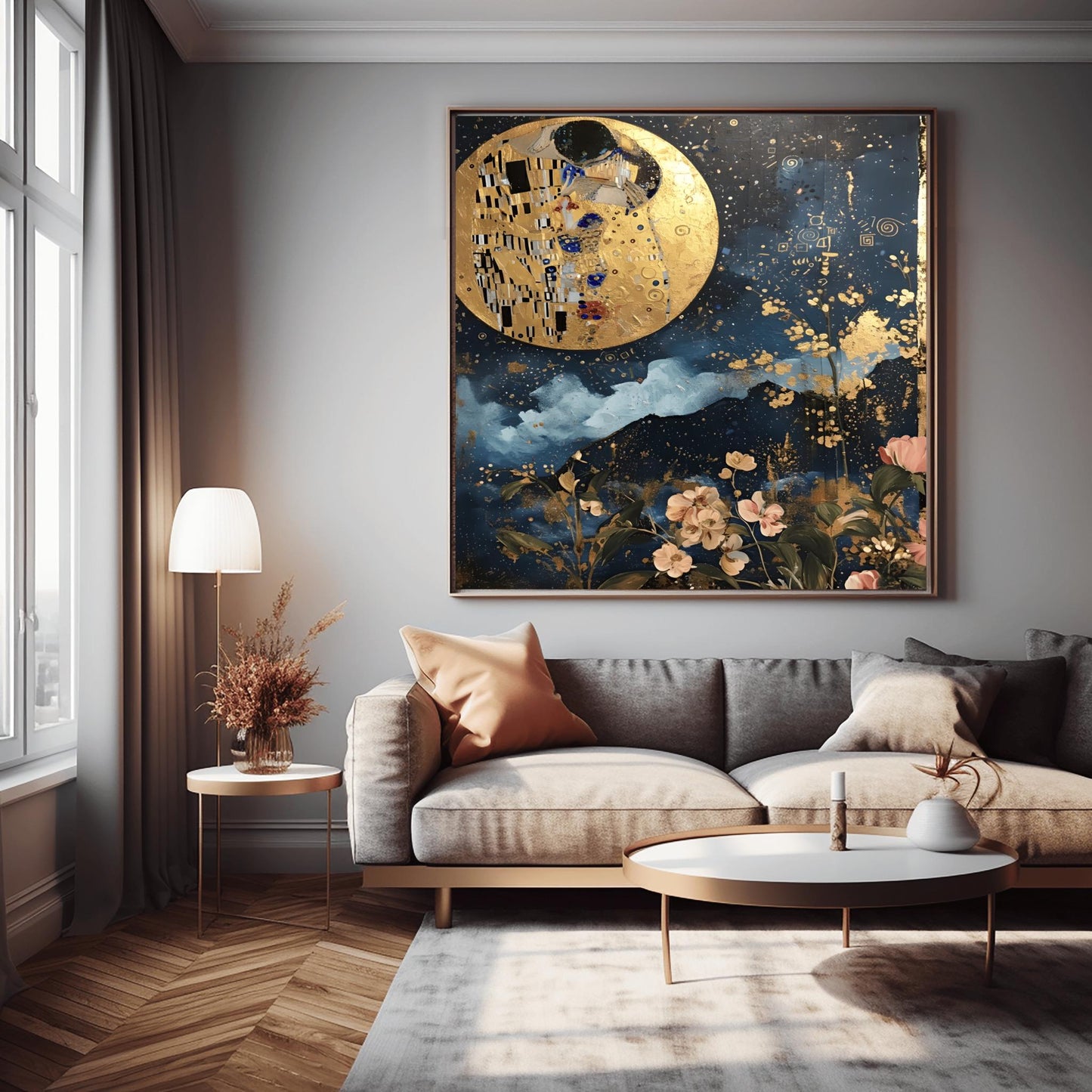 Gustav Klimt Kiss the Moon Inspired Wall Art | Romantic Golden Night Sky Poster | Celestial Lovers Print on Canvas or Fine Art Paper