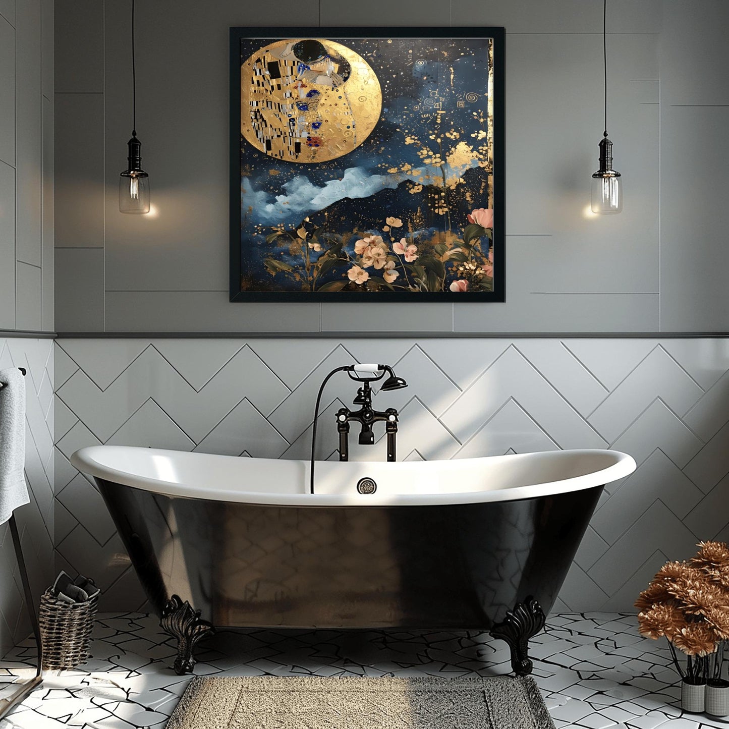 Gustav Klimt Kiss the Moon Inspired Wall Art | Romantic Golden Night Sky Poster | Celestial Lovers Print on Canvas or Fine Art Paper