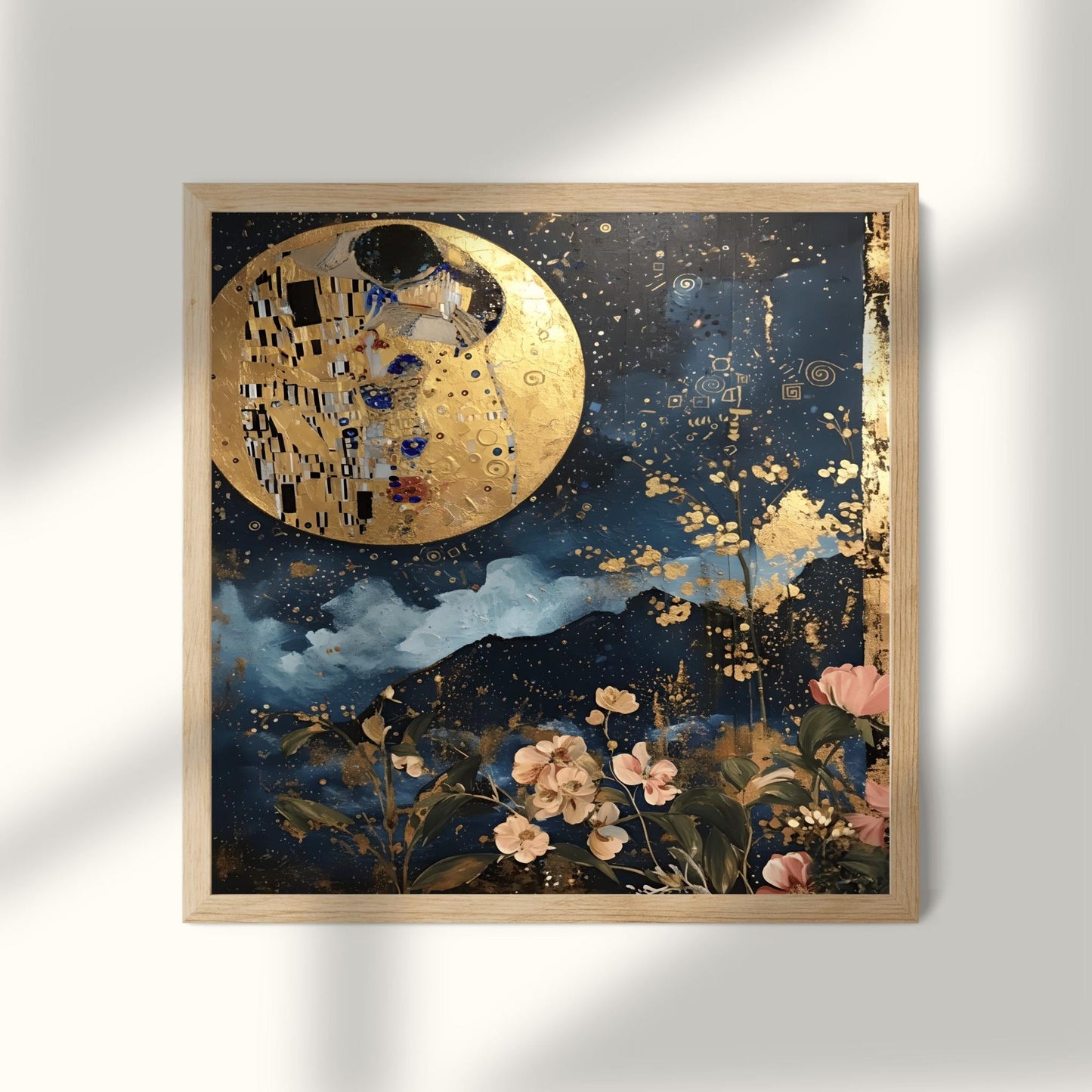 Gustav Klimt Kiss the Moon Inspired Wall Art | Romantic Golden Night Sky Poster | Celestial Lovers Print on Canvas or Fine Art Paper