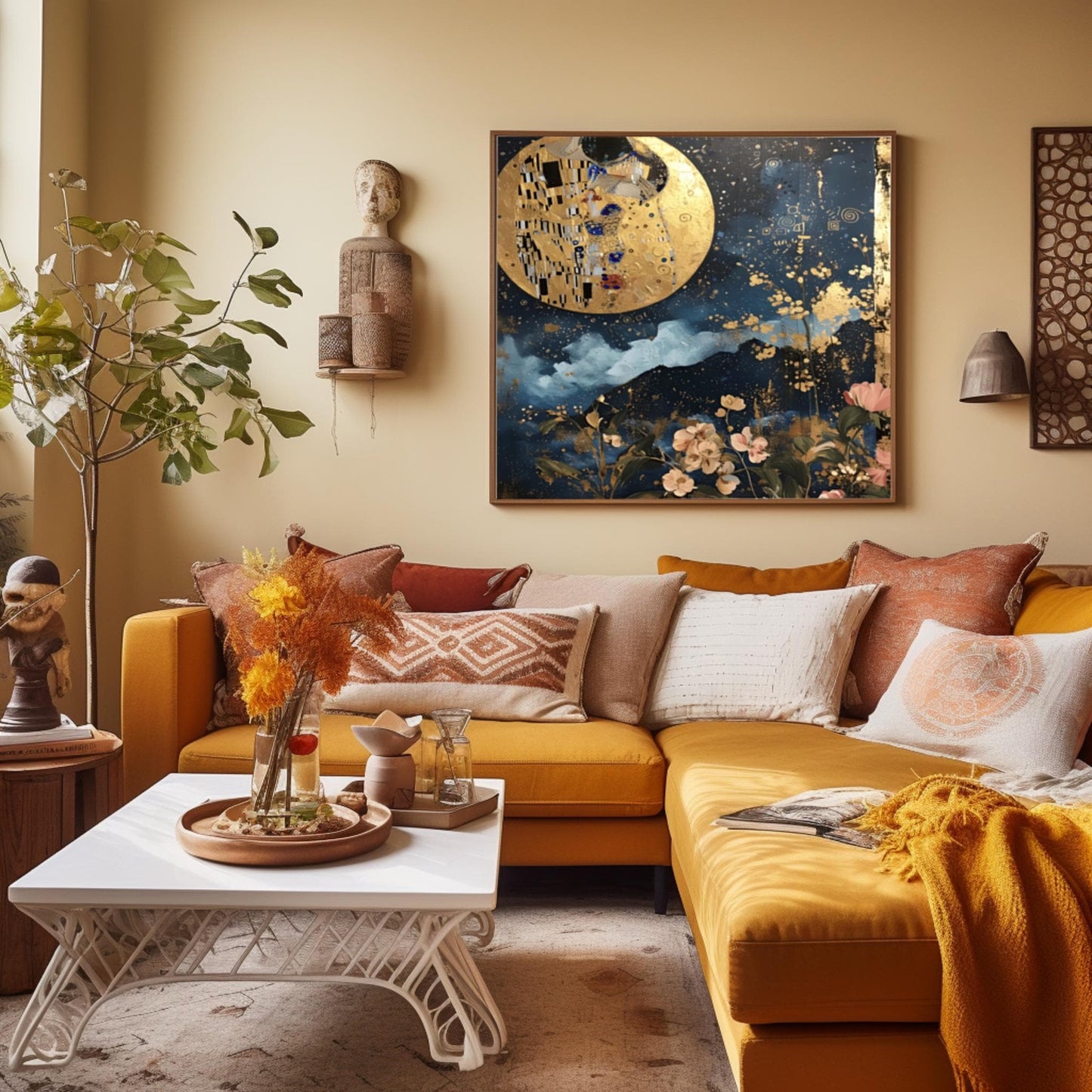 Gustav Klimt Kiss the Moon Inspired Wall Art | Romantic Golden Night Sky Poster | Celestial Lovers Print on Canvas or Fine Art Paper