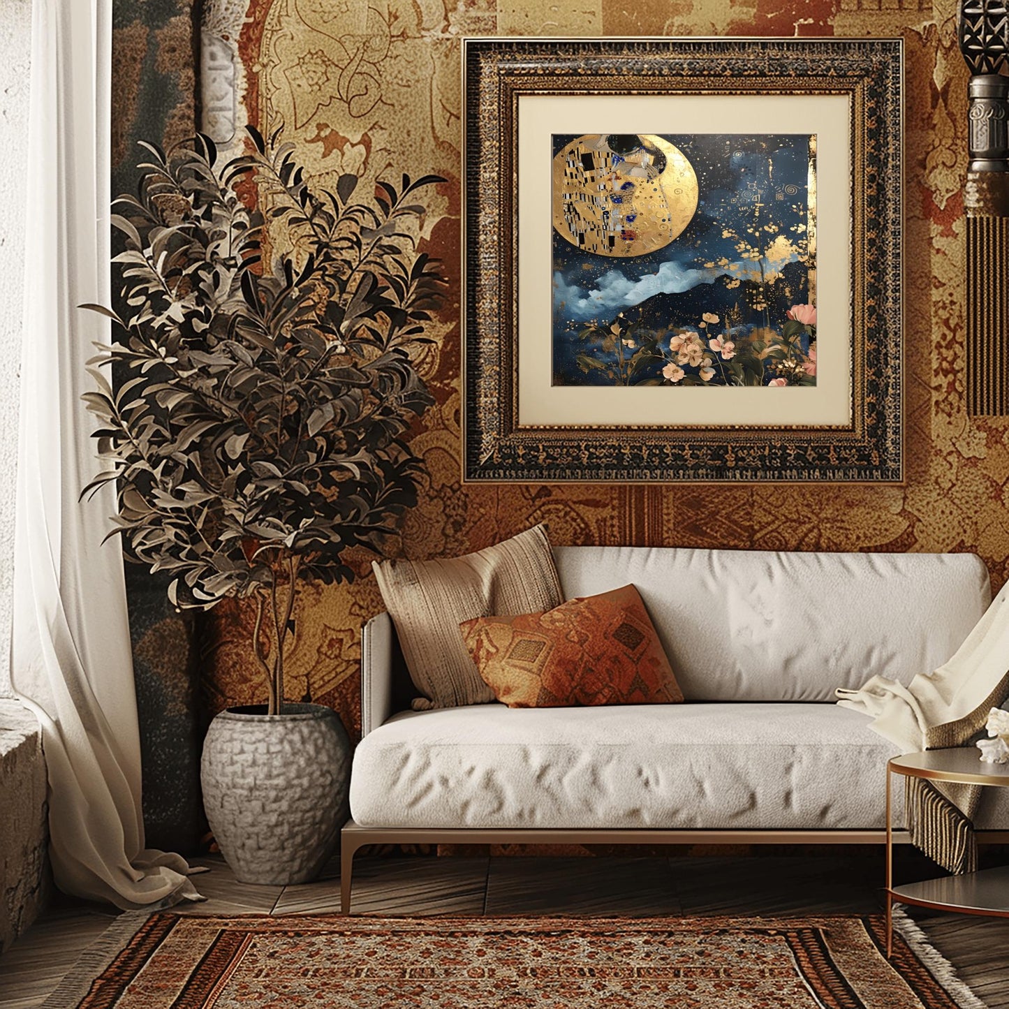 Gustav Klimt Kiss the Moon Inspired Wall Art | Romantic Golden Night Sky Poster | Celestial Lovers Print on Canvas or Fine Art Paper