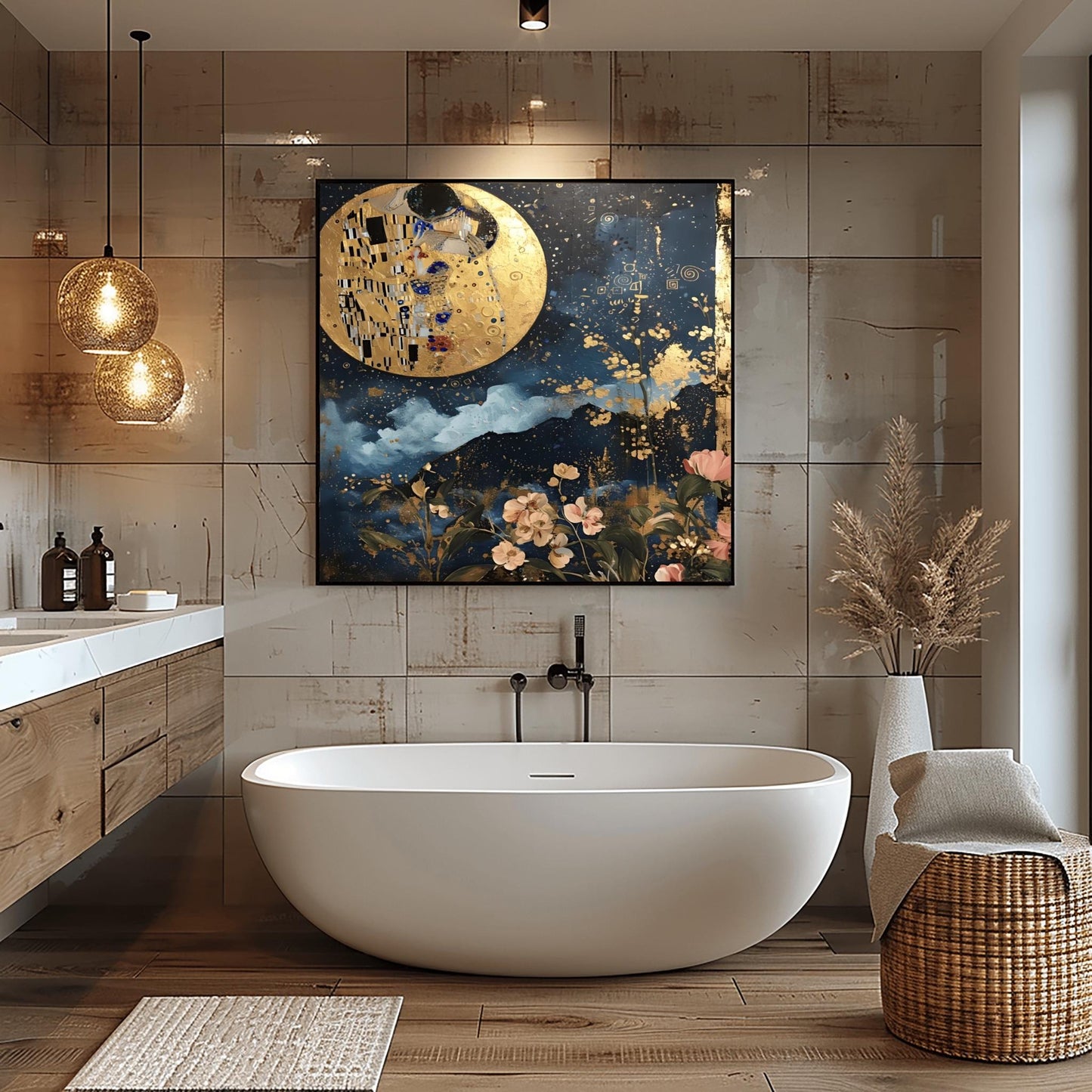Gustav Klimt Kiss the Moon Inspired Wall Art | Romantic Golden Night Sky Poster | Celestial Lovers Print on Canvas or Fine Art Paper