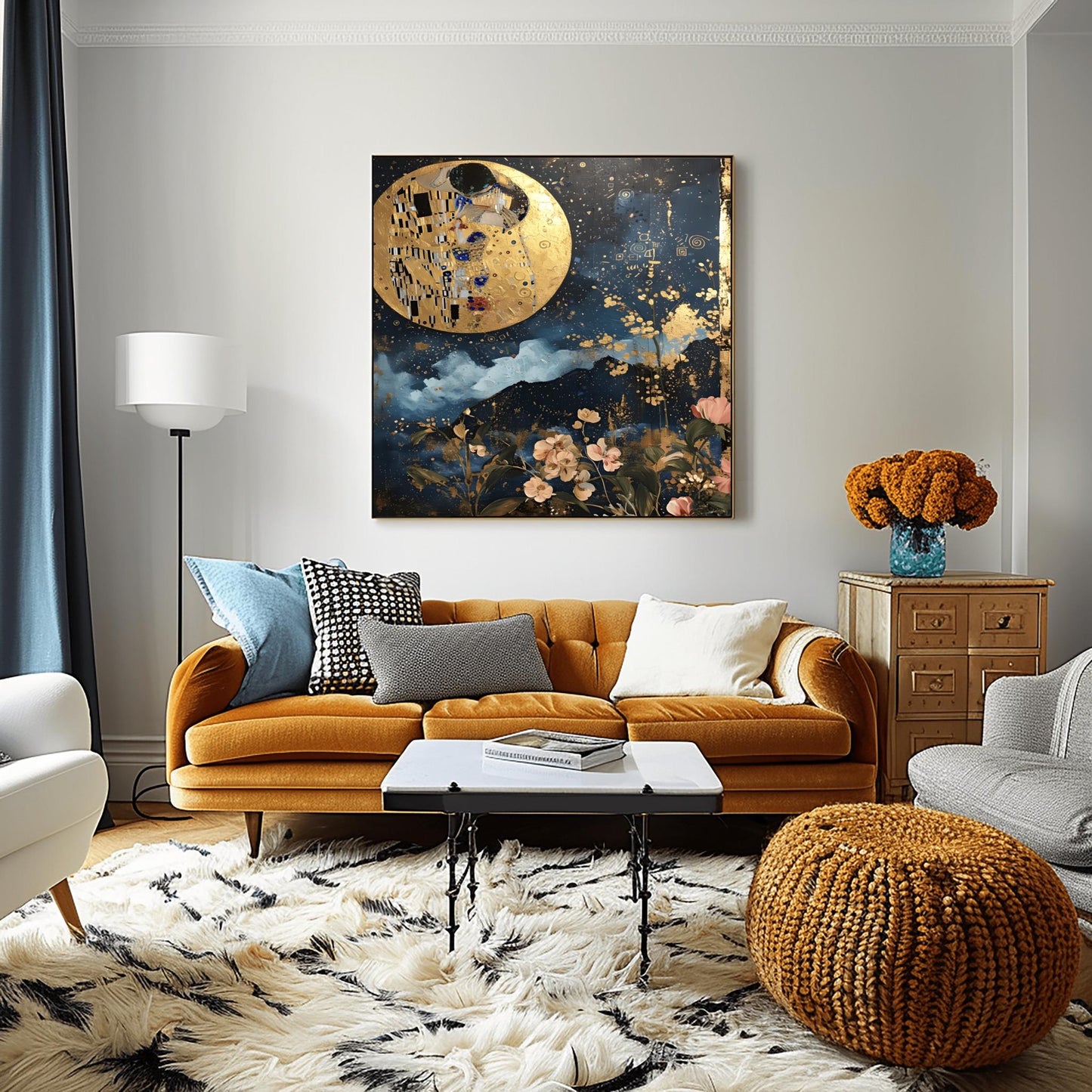Gustav Klimt Kiss the Moon Inspired Wall Art | Romantic Golden Night Sky Poster | Celestial Lovers Print on Canvas or Fine Art Paper