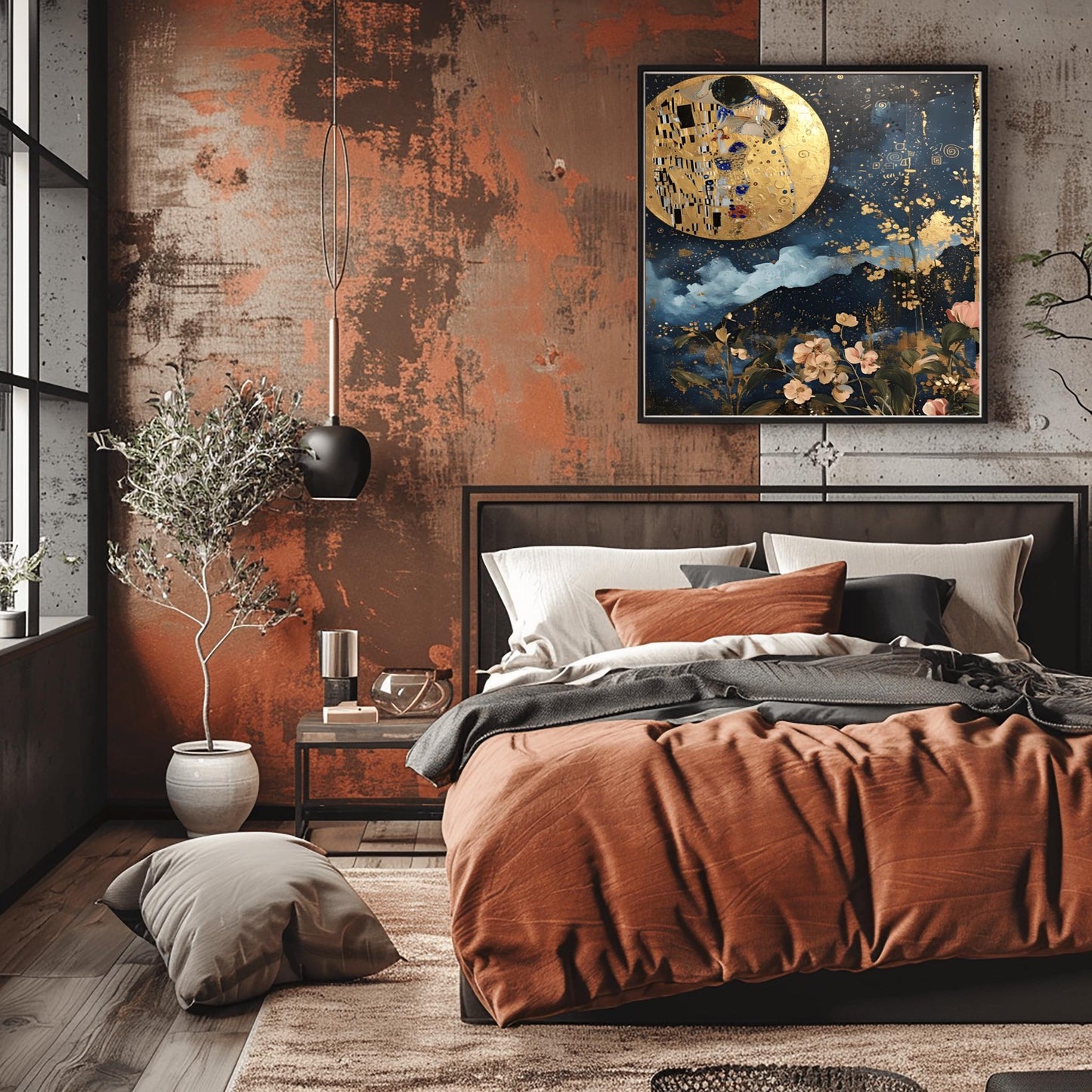 Gustav Klimt Kiss the Moon Inspired Wall Art | Romantic Golden Night Sky Poster | Celestial Lovers Print on Canvas or Fine Art Paper