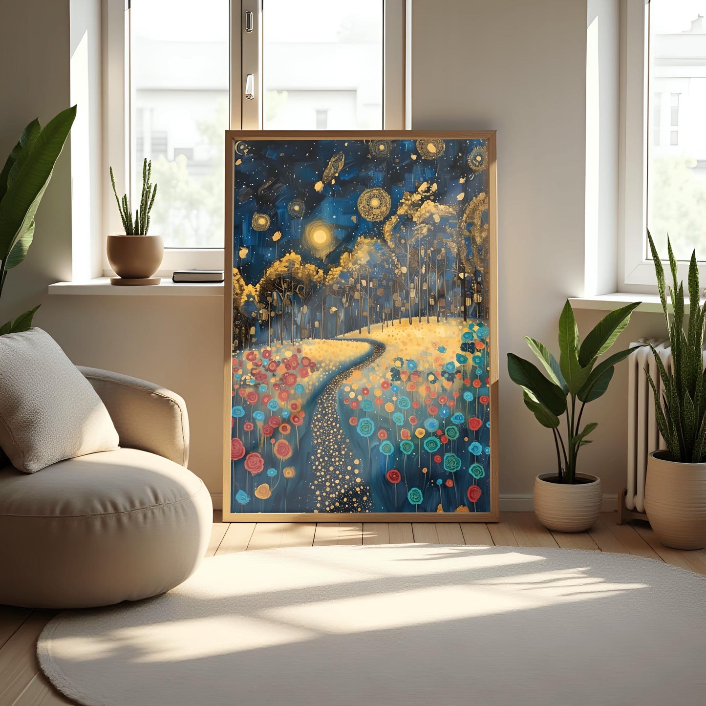 Gustav Klimt Inspiration Exhibition Poster, Starry Night Field, Art Nouveau, Celestial Landscape