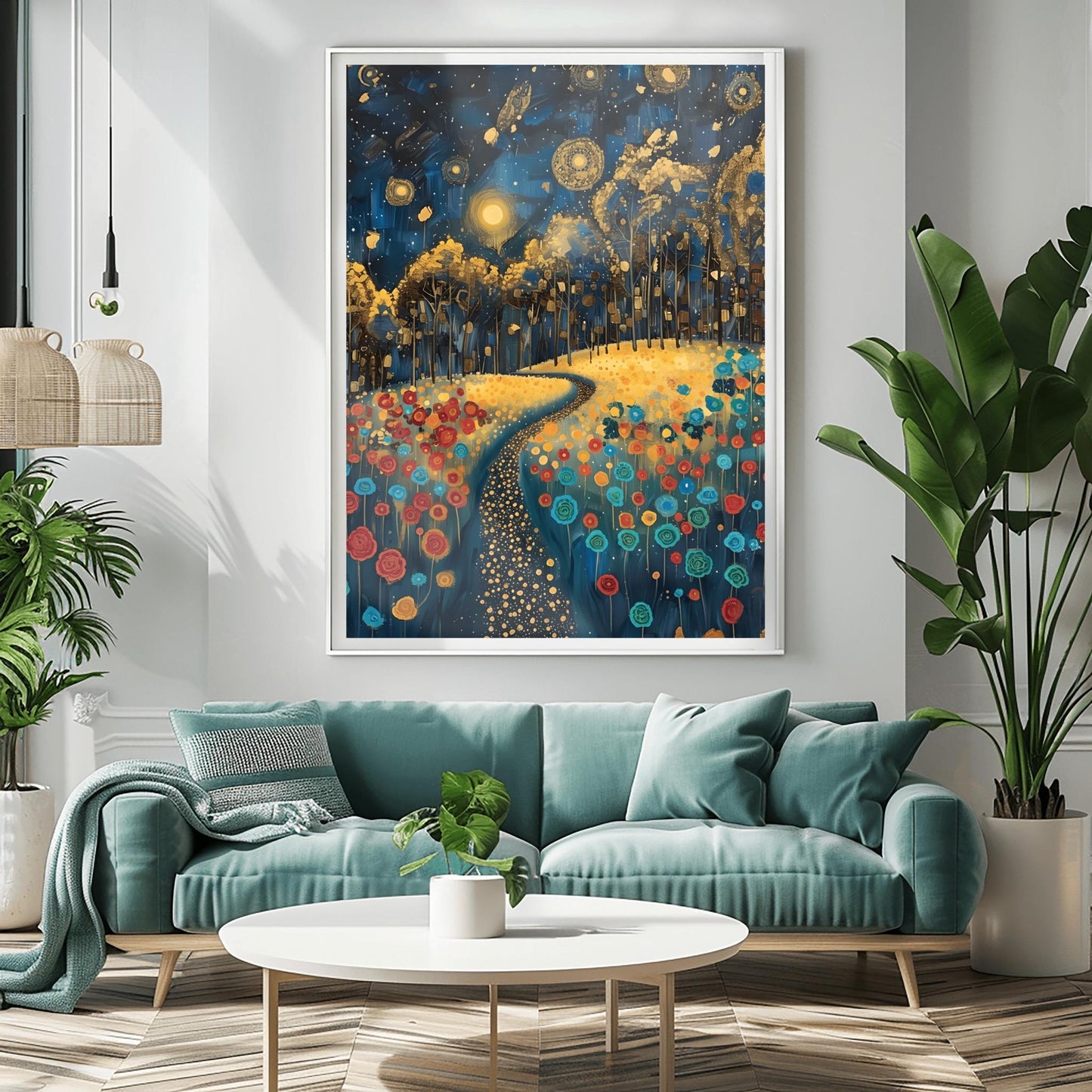 Gustav Klimt Inspiration Exhibition Poster, Starry Night Field, Art Nouveau, Celestial Landscape
