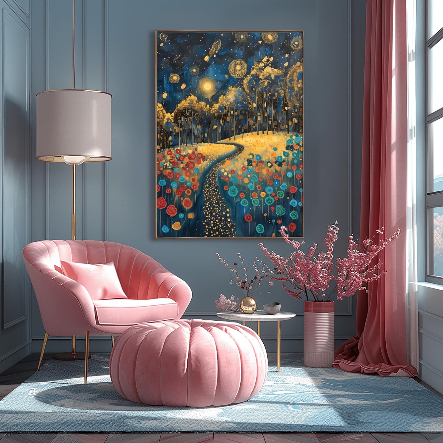 Gustav Klimt Inspiration Exhibition Poster, Starry Night Field, Art Nouveau, Celestial Landscape