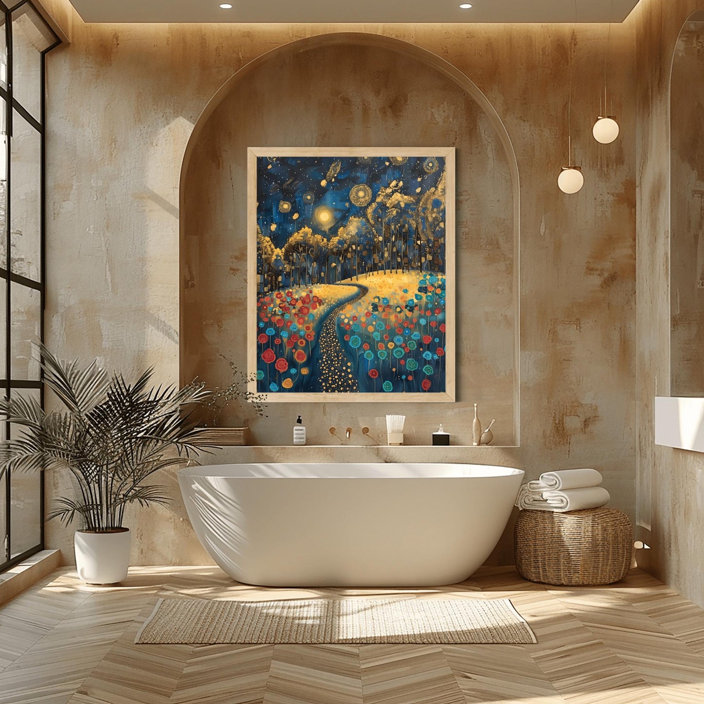Gustav Klimt Inspiration Exhibition Poster, Starry Night Field, Art Nouveau, Celestial Landscape