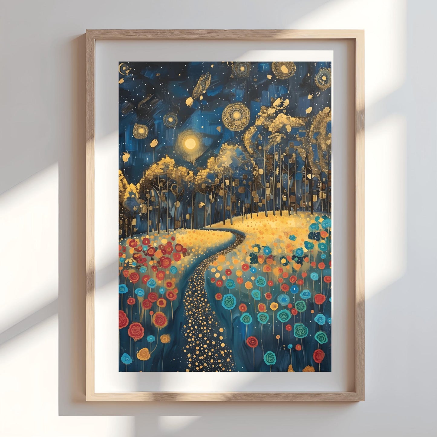 Gustav Klimt Inspiration Exhibition Poster, Starry Night Field, Art Nouveau, Celestial Landscape