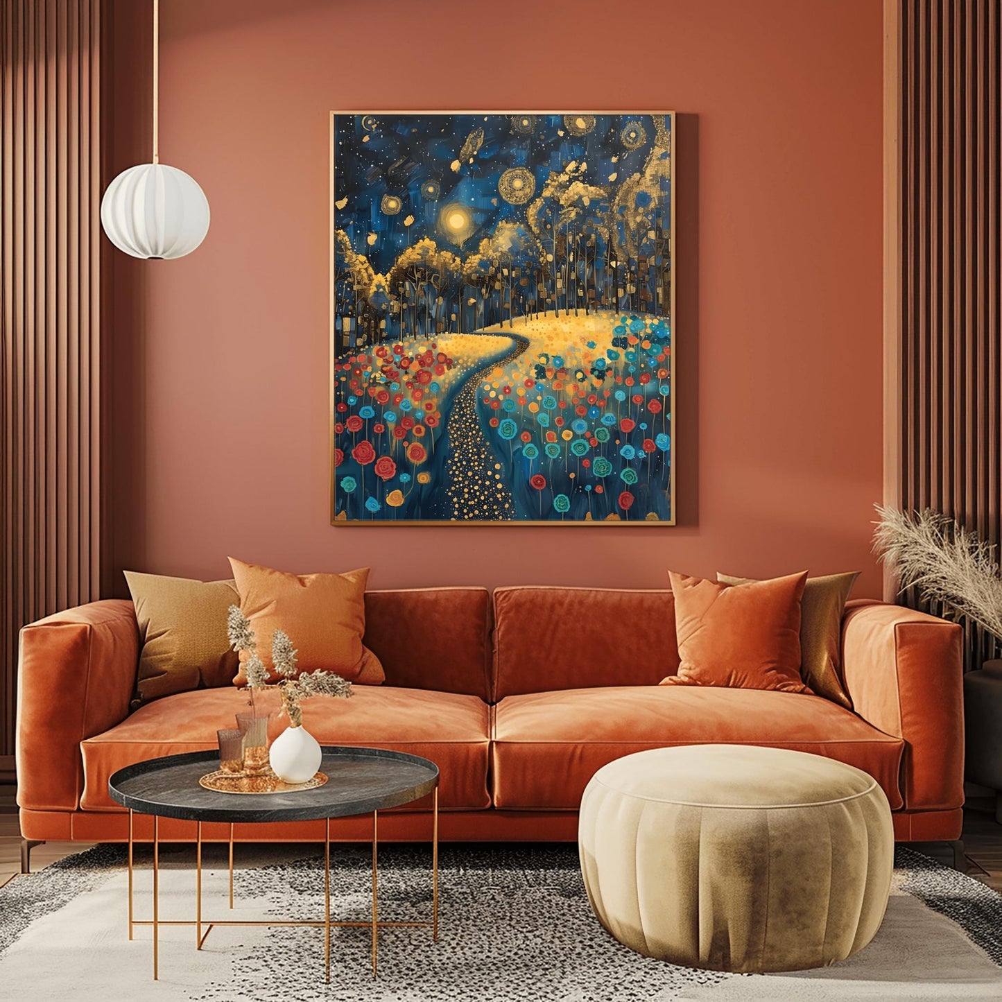 Gustav Klimt Inspiration Exhibition Poster, Starry Night Field, Art Nouveau, Celestial Landscape