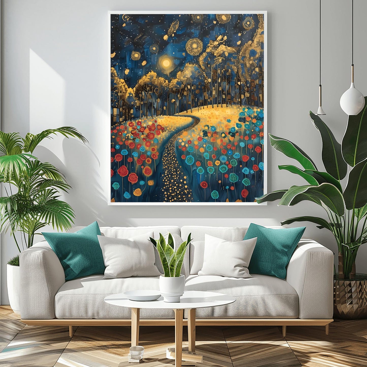 Gustav Klimt Inspiration Exhibition Poster, Starry Night Field, Art Nouveau, Celestial Landscape