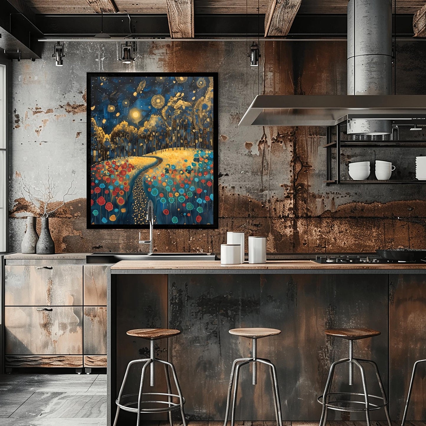 Gustav Klimt Inspiration Exhibition Poster, Starry Night Field, Art Nouveau, Celestial Landscape