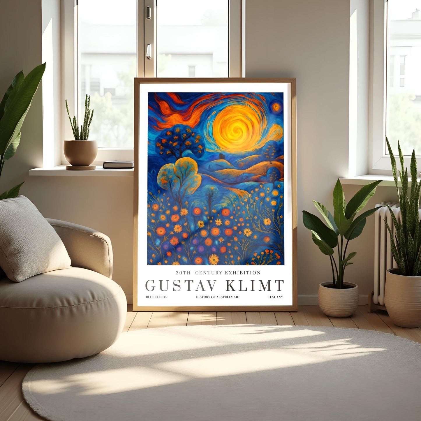 Gustav Klimt Inspiration Exhibition Poster, Blue Fields Tuscany, Vienna Secession, 20th Century