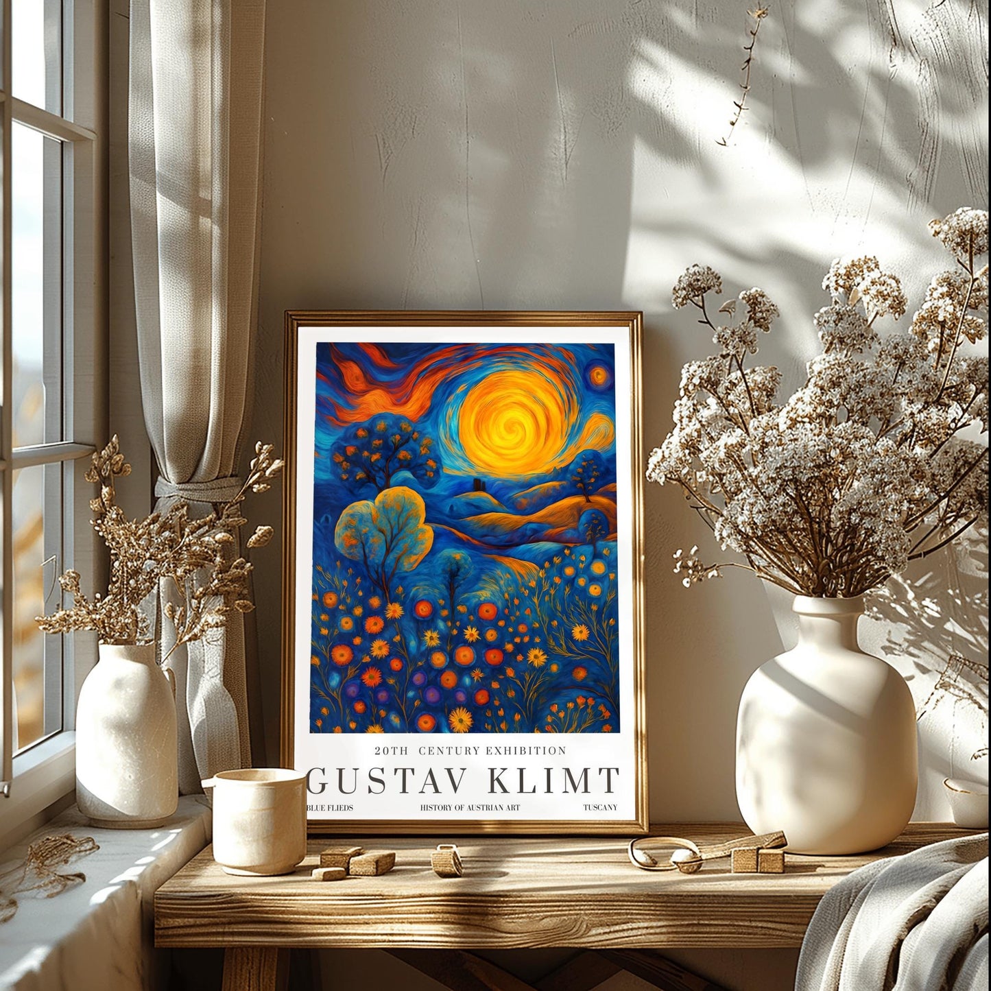 Gustav Klimt Inspiration Exhibition Poster, Blue Fields Tuscany, Vienna Secession, 20th Century