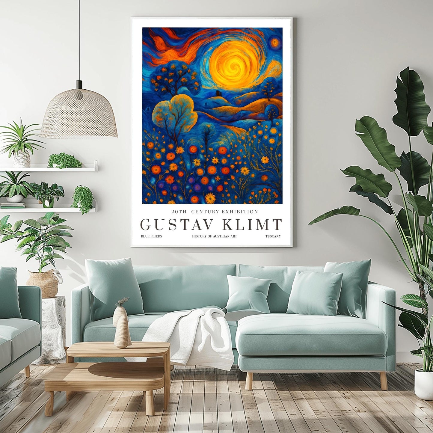 Gustav Klimt Inspiration Exhibition Poster, Blue Fields Tuscany, Vienna Secession, 20th Century