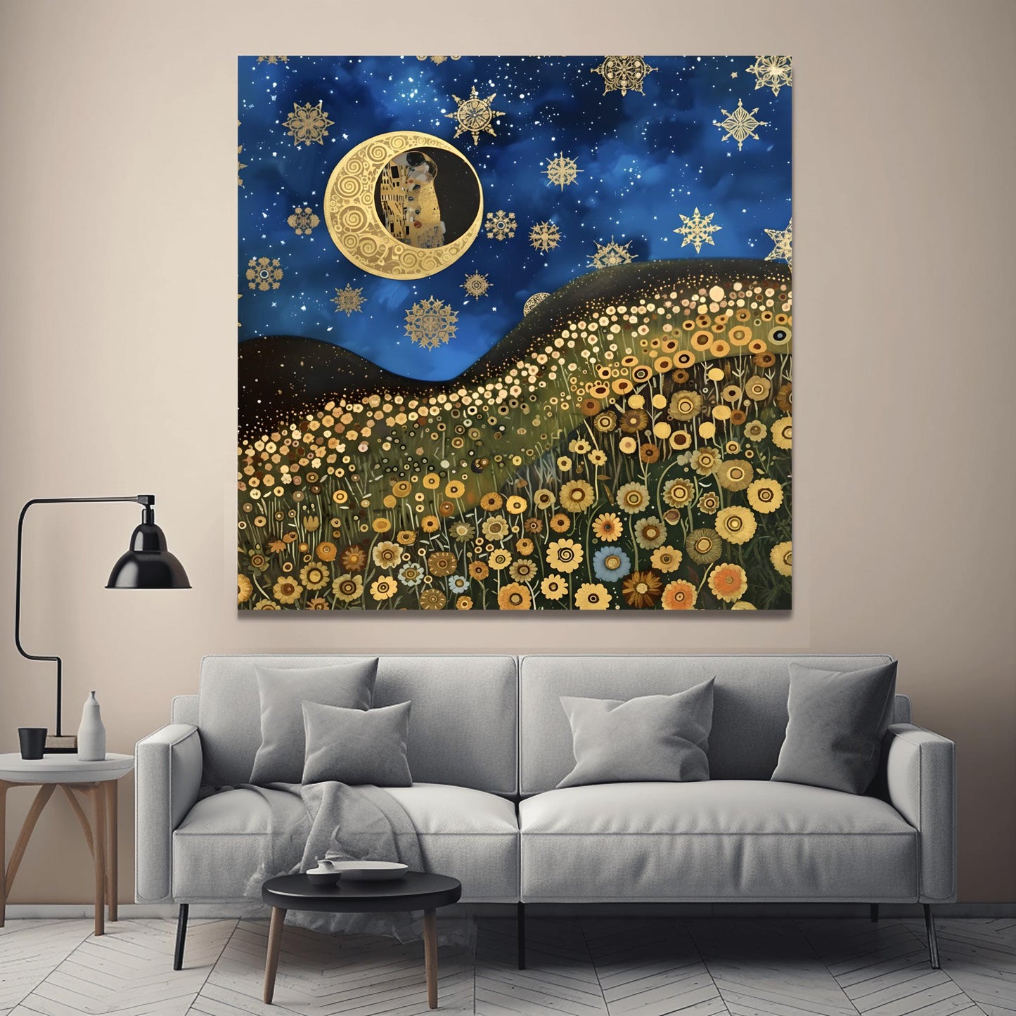 Gustav Klimt Inspired Art Print, Whimsical Landscape, Starry Night Sun, Art Nouveau