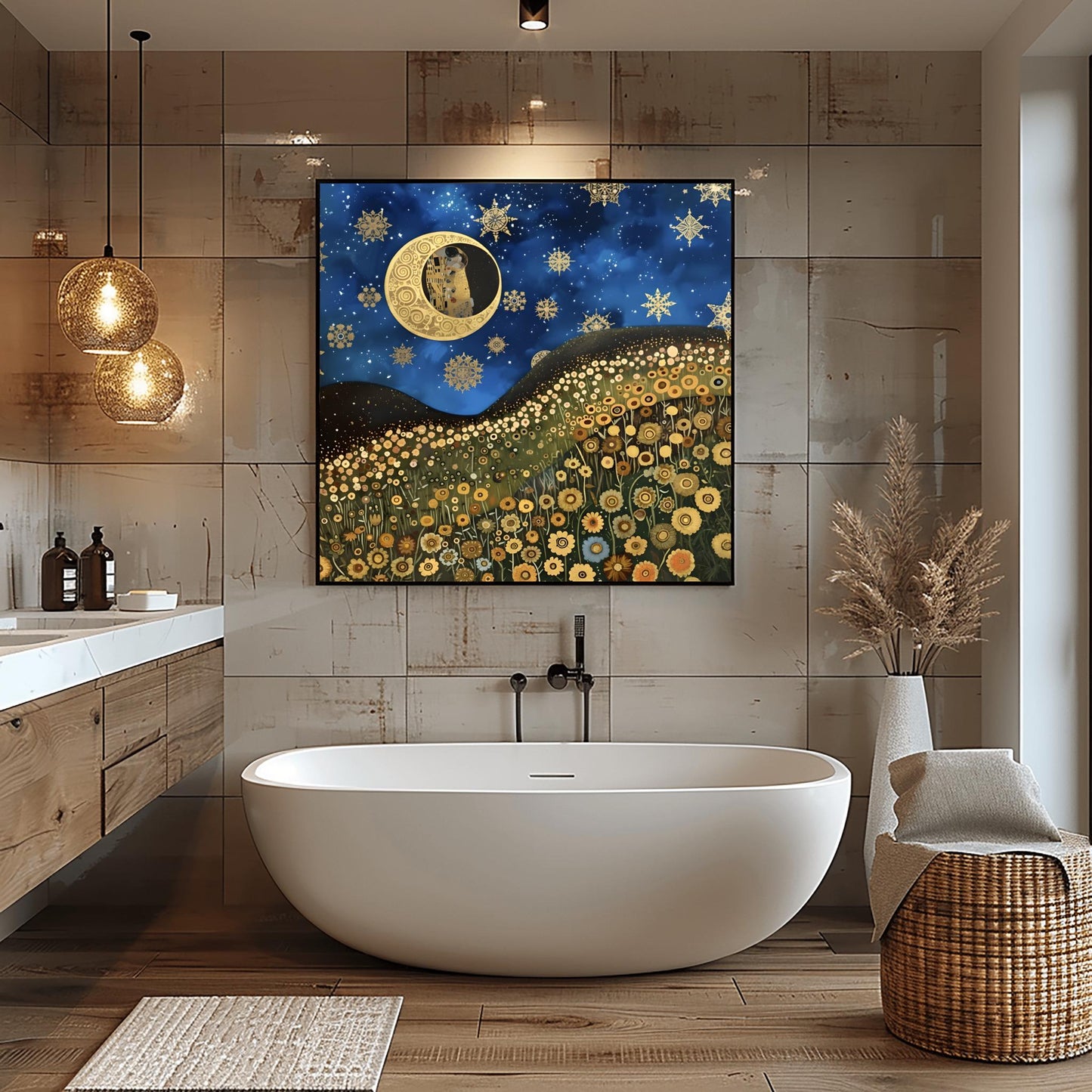 Gustav Klimt Inspired Art Print, Whimsical Landscape, Starry Night Sun, Art Nouveau