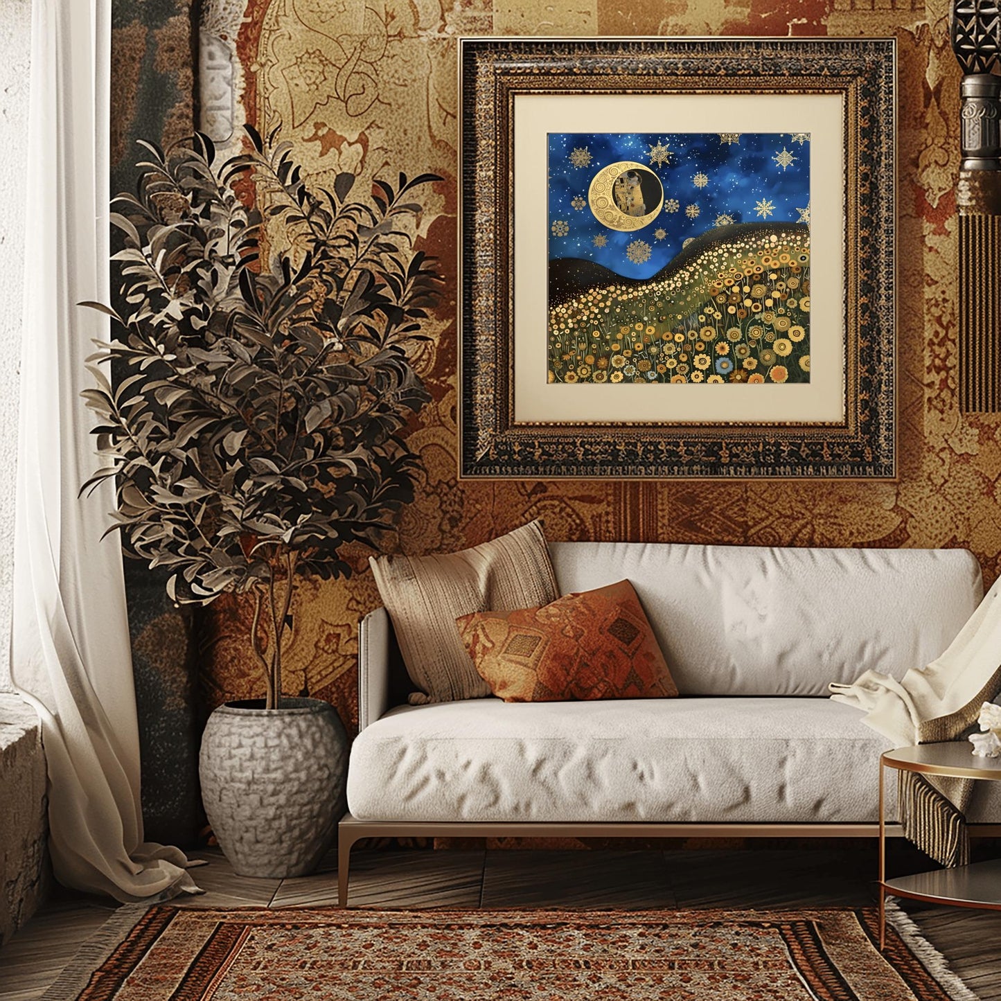 Gustav Klimt Inspired Art Print, Whimsical Landscape, Starry Night Sun, Art Nouveau